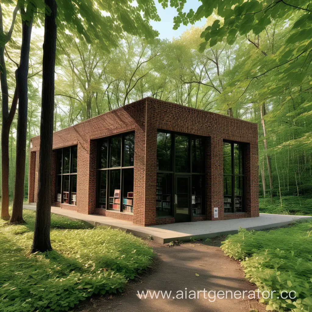 Не большая библиотека в лесу, здание из кирпича с большими окнами, вокруг много деревьев и хорошая погода