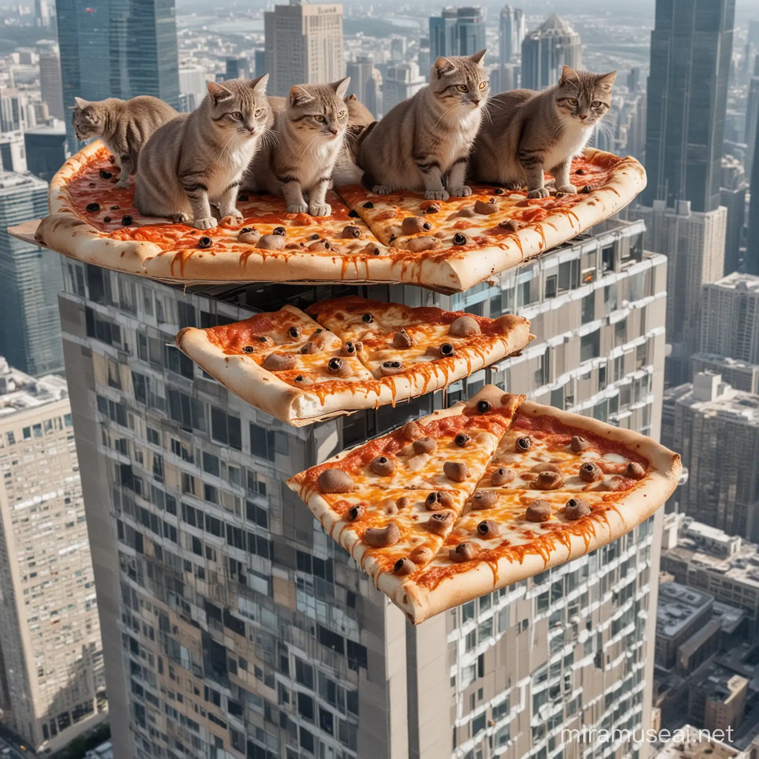 Cats and otters eating a gigantic pizza on the top of a skyscraper