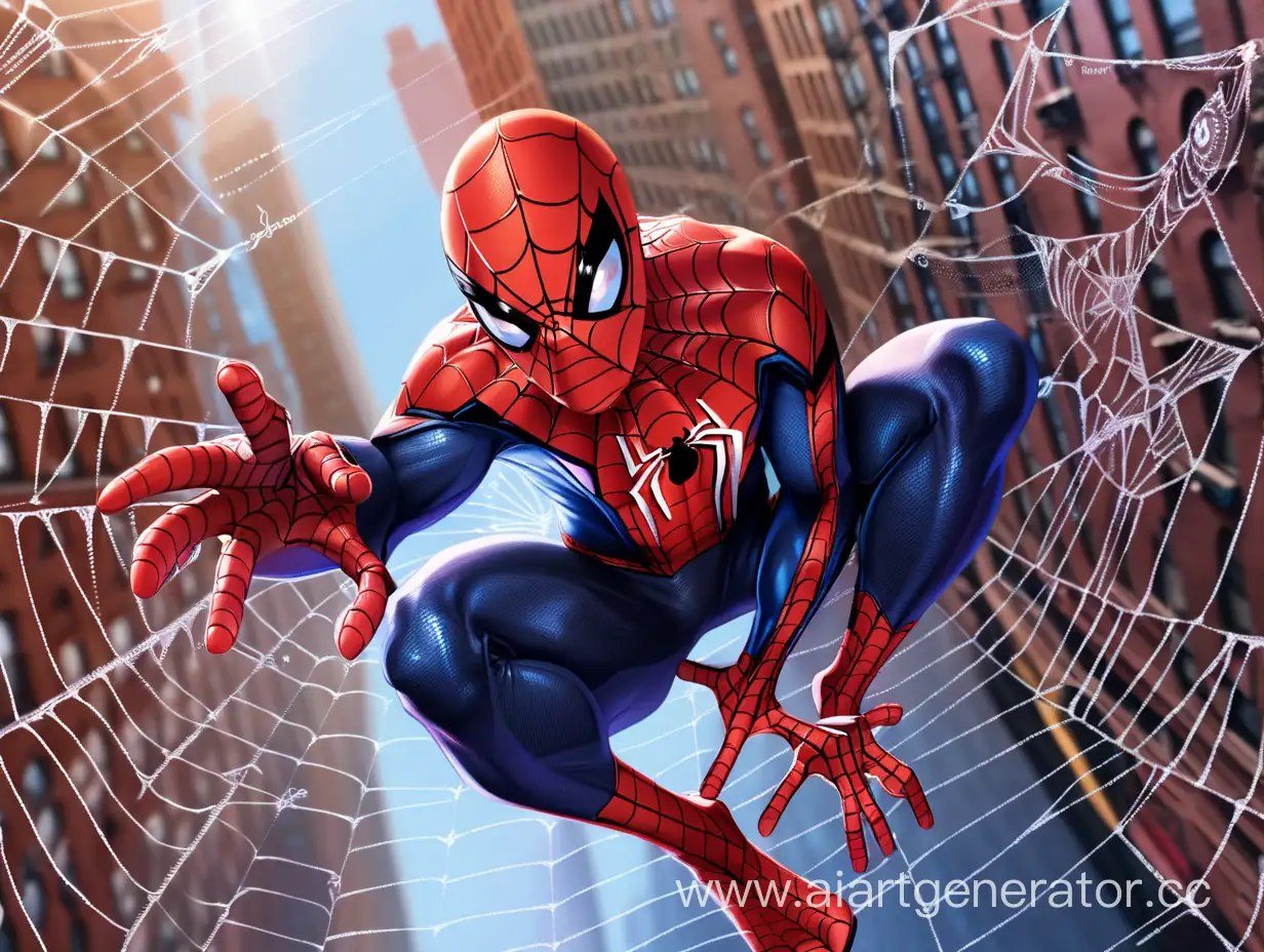 Spider-Man flies on a spider web in New York