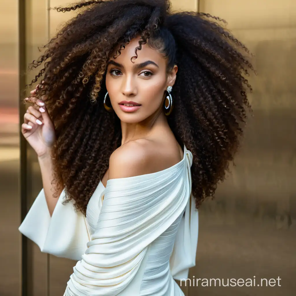 A real women model mixed race, long hair afro style, professional photoshoot modelling small earrings, using a Channel´s brand dress elegant cream colors, front photoshoot looking the at camera, with NewYork street at background, medium shoot