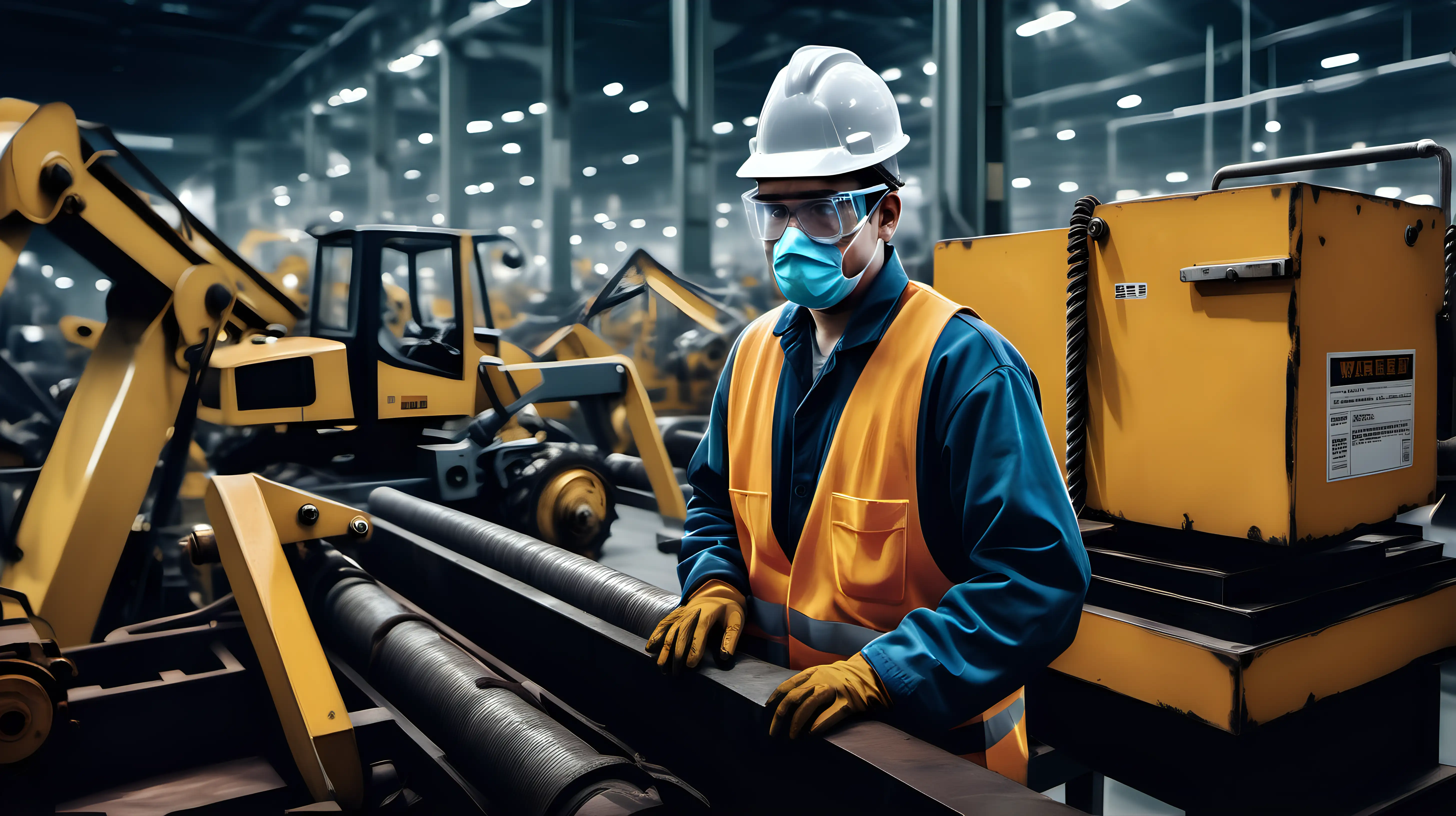 Illustrate a scene of a factory worker amidst heavy machinery, wearing protective gear and exhibiting signs of weariness, highlighting the challenges faced in industrial occupations.