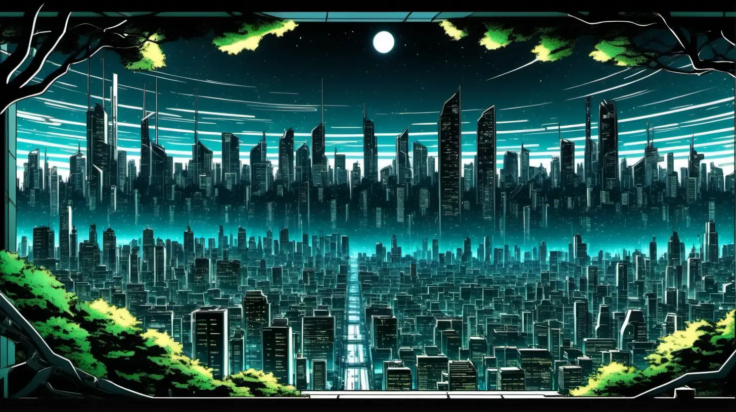 a bright futuristic city with lots of trees and night view. comic book style frame--ghost in the shell style--cinematic