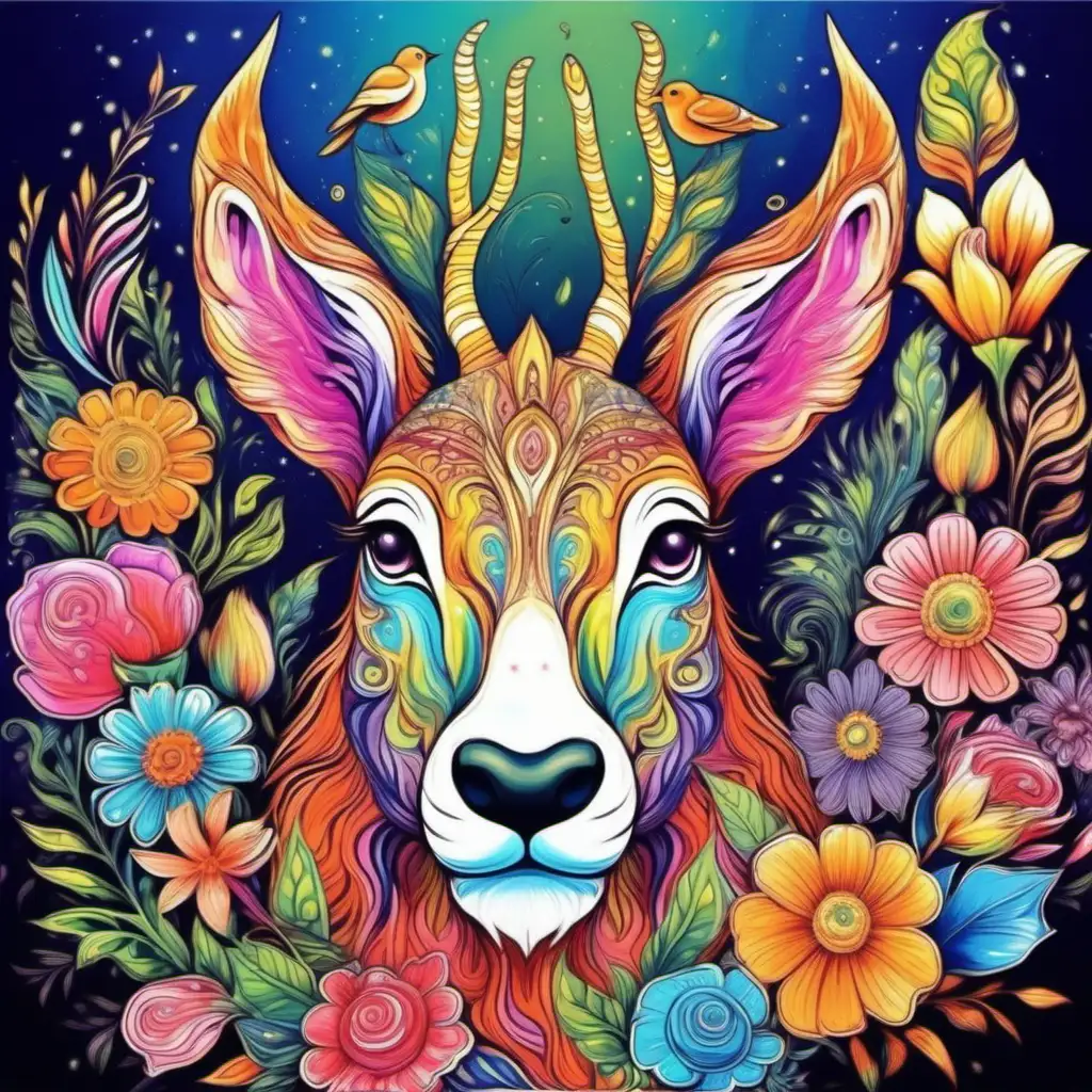 create very beautiful colorful painting with an animal sorounded by flowers with high clarity of the contours
