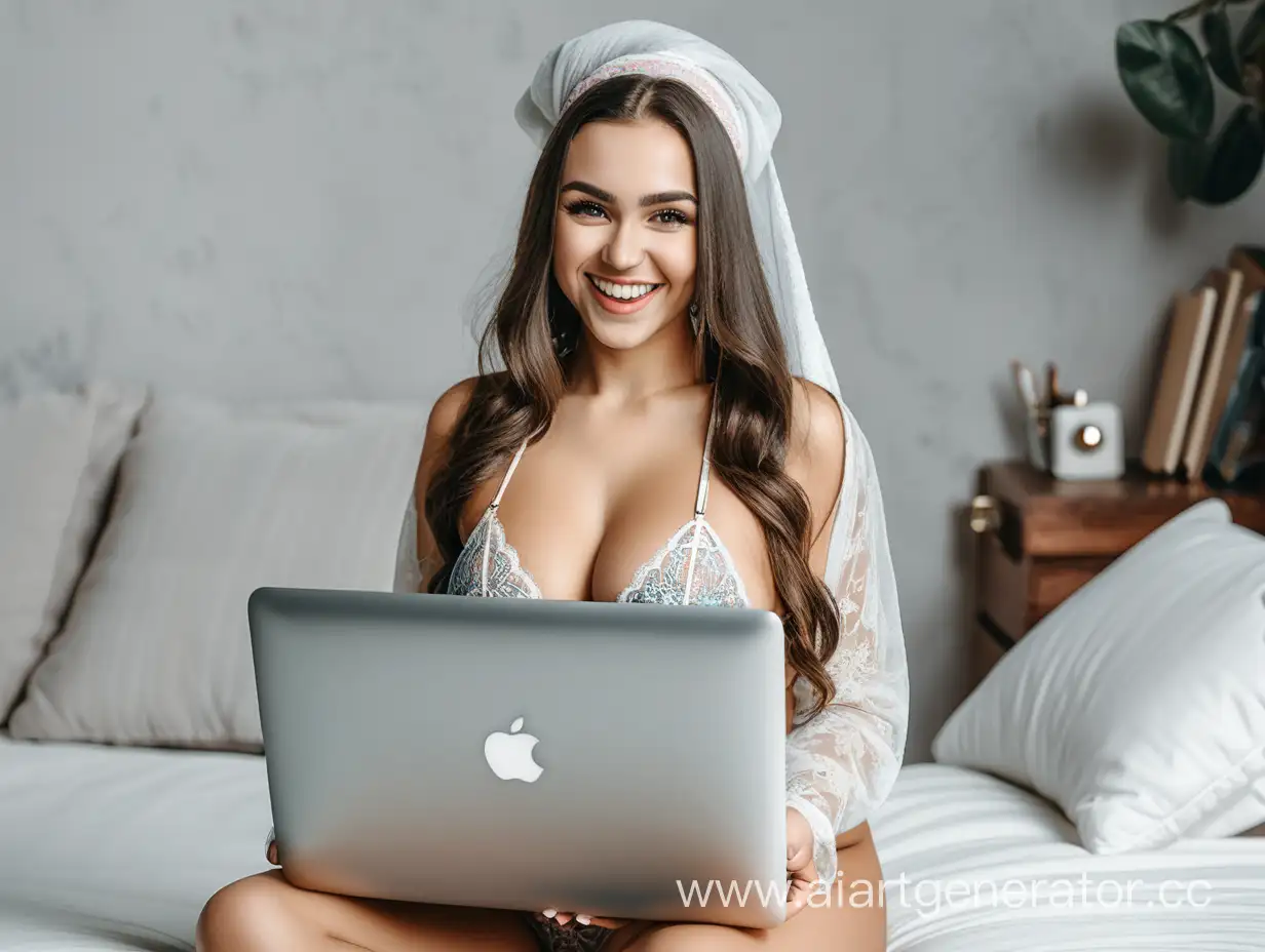 Женщина татарка счастливая держет в руках. подаренный macbook pro в нижнем белье