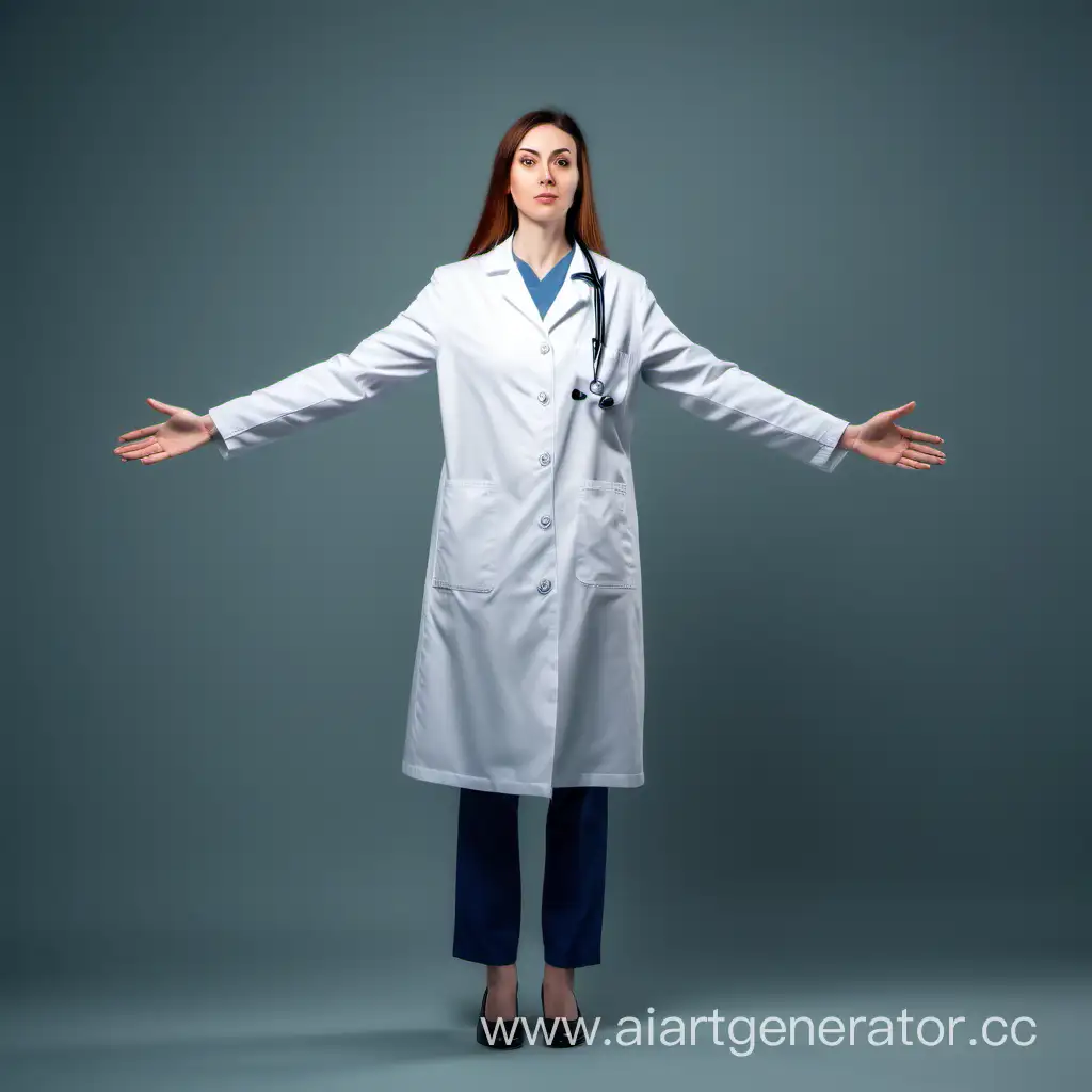 Высокая женщина в белом медицинском халате,  вытянула руки вперёд, во весь рост