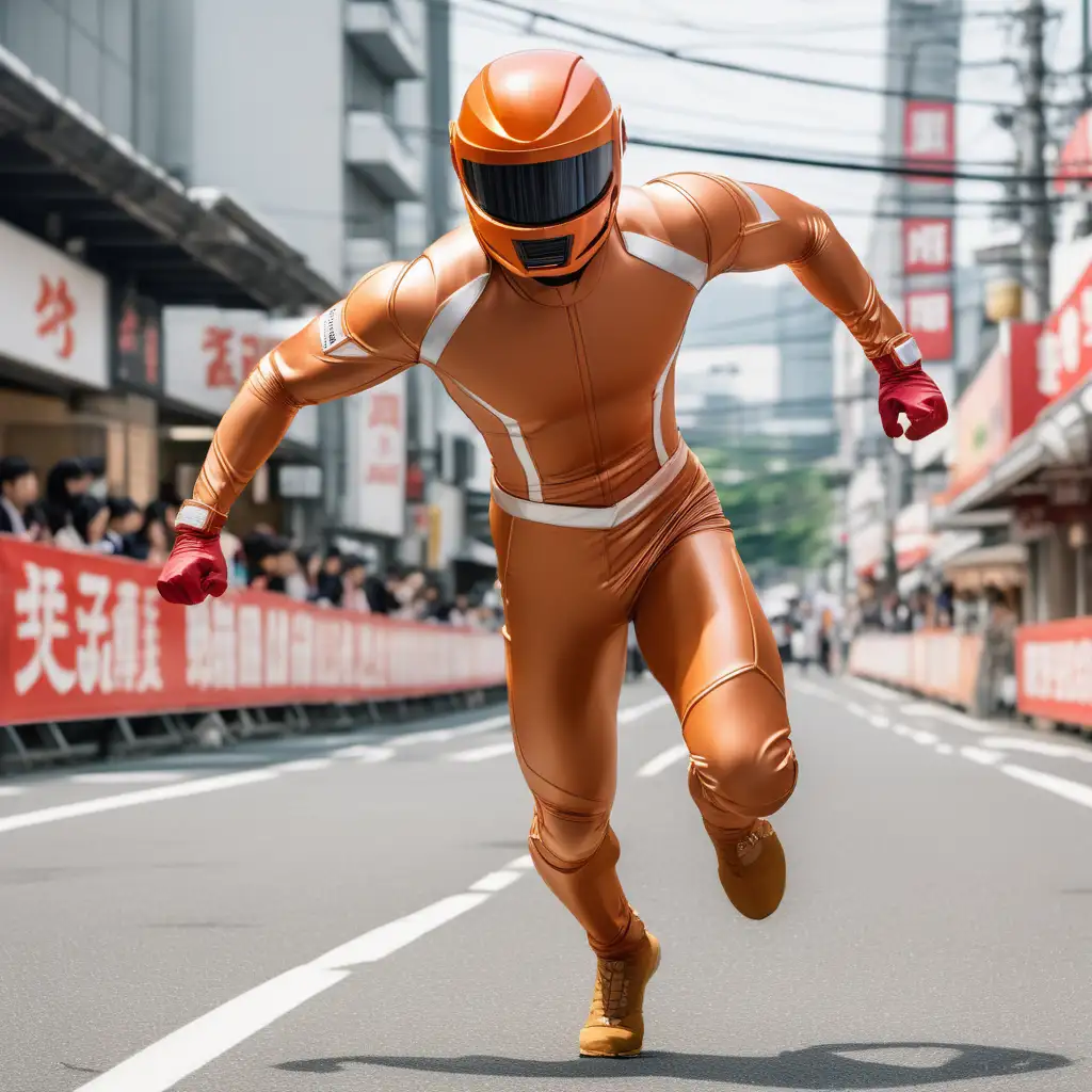 muscular man, full body ginger beer color skintight suit, ginger beer color closed sentai helmet with visor, high speed sprinting, shooting brown energy blast, street, Japan, day