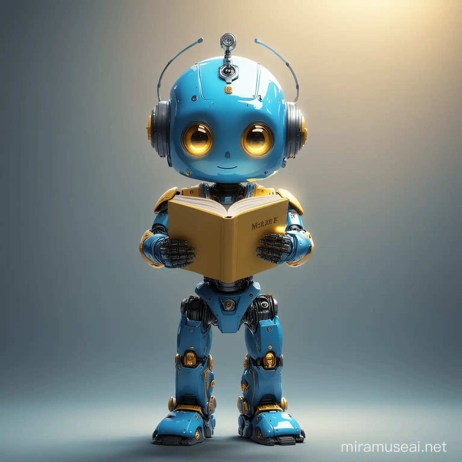 Θέλω ένα πολύ όμορφο και χαριτωμένο ρομπότ σε μπλε χρώμα κίτρινά μάτια φωτεινά να βαστάει στο χέρι του ένα βιβλίο και να το διαβάζει και μέσα από το βιβλίο να βγαίνει ένα μαγικό φως