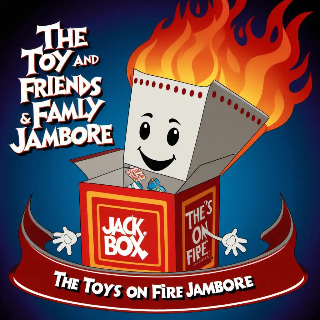 jack in the box with caption "the toys on fire friends and family jamboree"