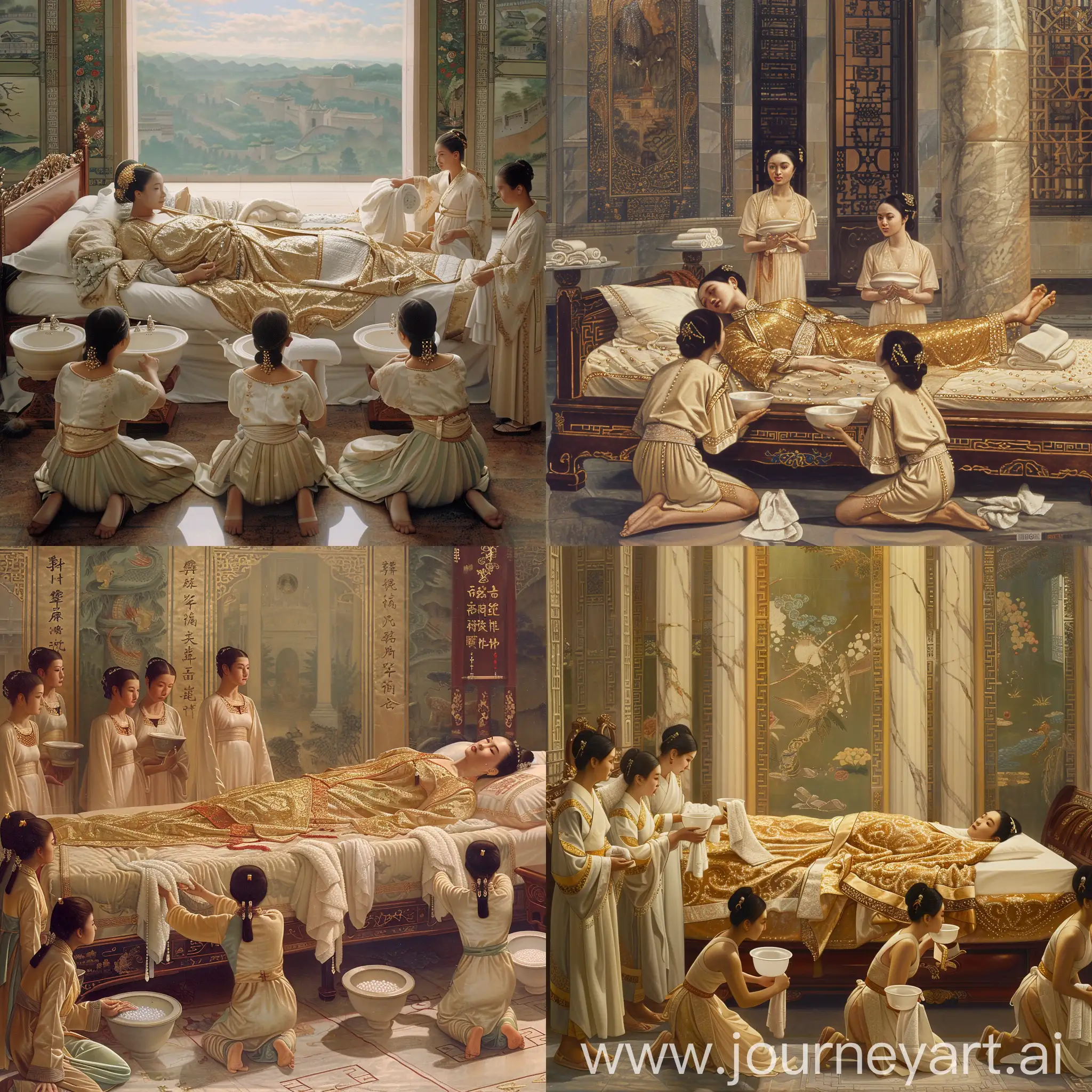 Wu-Zetian-Morning-Routine-Luxurious-Bed-Chamber-with-Maids-and-Hanfu-Attire