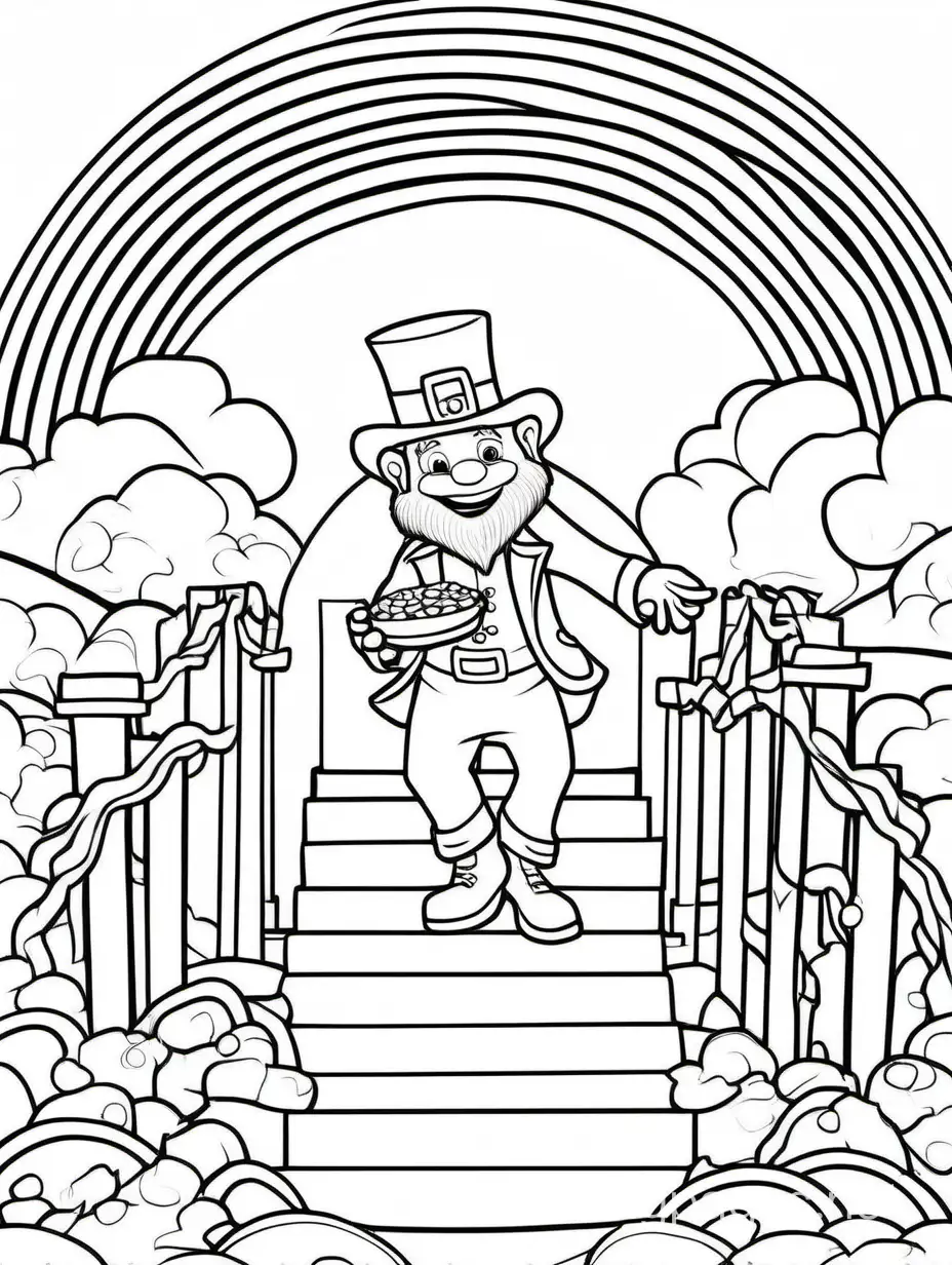Leprechaun delivering gold coins to a rainbow's end for St. Patrick's Day for kids, Coloring Page, black and white, line art, white background, Simplicity, Ample White Space. The background of the coloring page is plain white to make it easy for young children to color within the lines. The outlines of all the subjects are easy to distinguish, making it simple for kids to color without too much difficulty