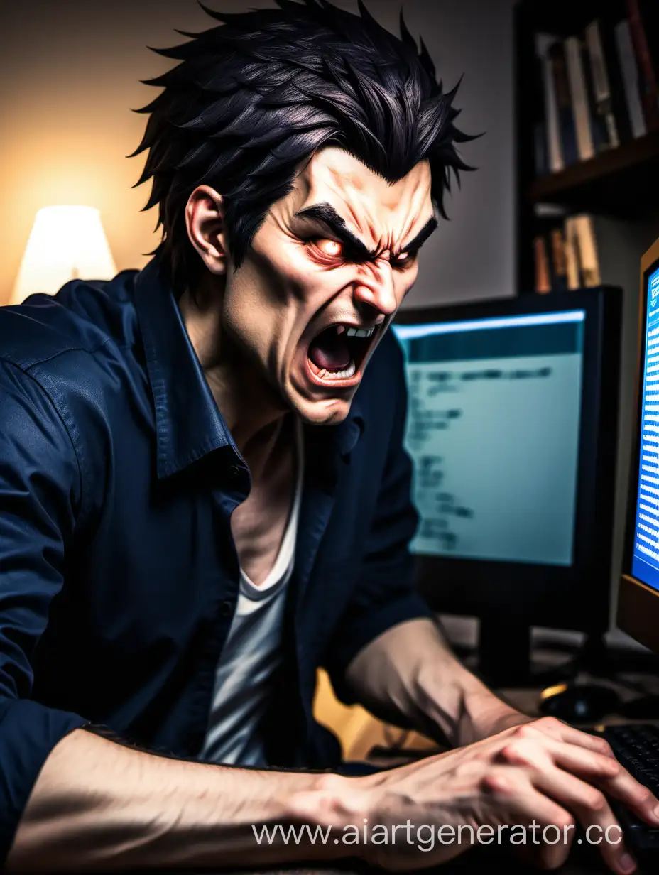 Полный мужчина играет в вижуальную новеллу на своём компьютере и злится