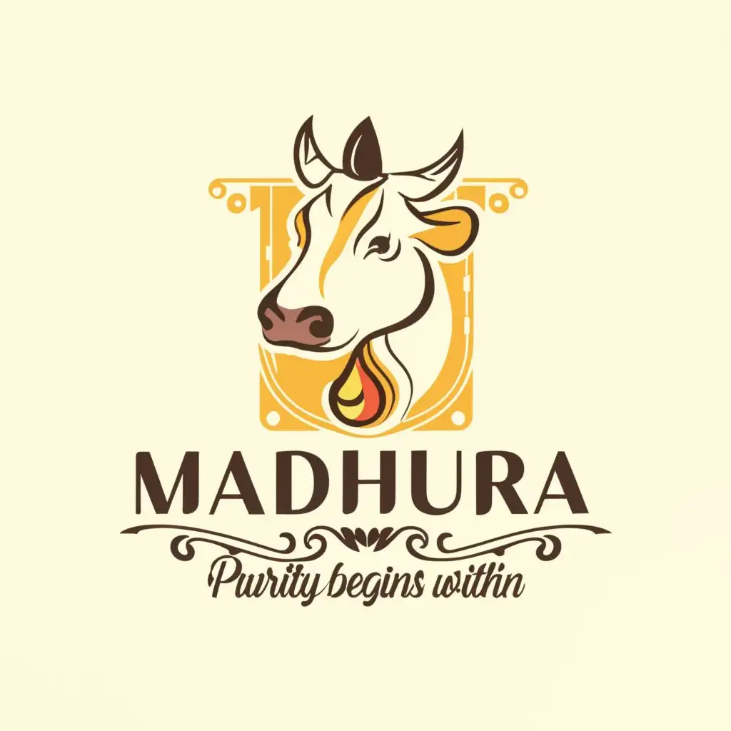 a logo design, with the text "Madhura and slogan as - Purity Begins Within", main symbol: Indian Desi Cow and Milk and Ghee