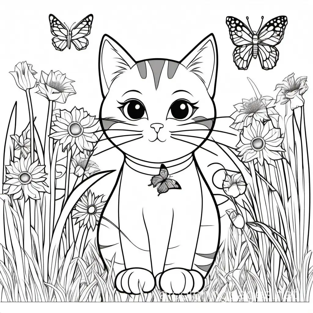 create a black and white sharp edges image of cat playing  outside with grasses and flowers,  BUTTERFLY  patched on a big flower  and  no dark shadings at all, let it be beautiful and bold  for an adult coloring book., Coloring Page, black and white, line art, white background, Simplicity, Ample White Space. The background of the coloring page is plain white to make it easy for young children to color within the lines. The outlines of all the subjects are easy to distinguish, making it simple for kids to color without too much difficulty