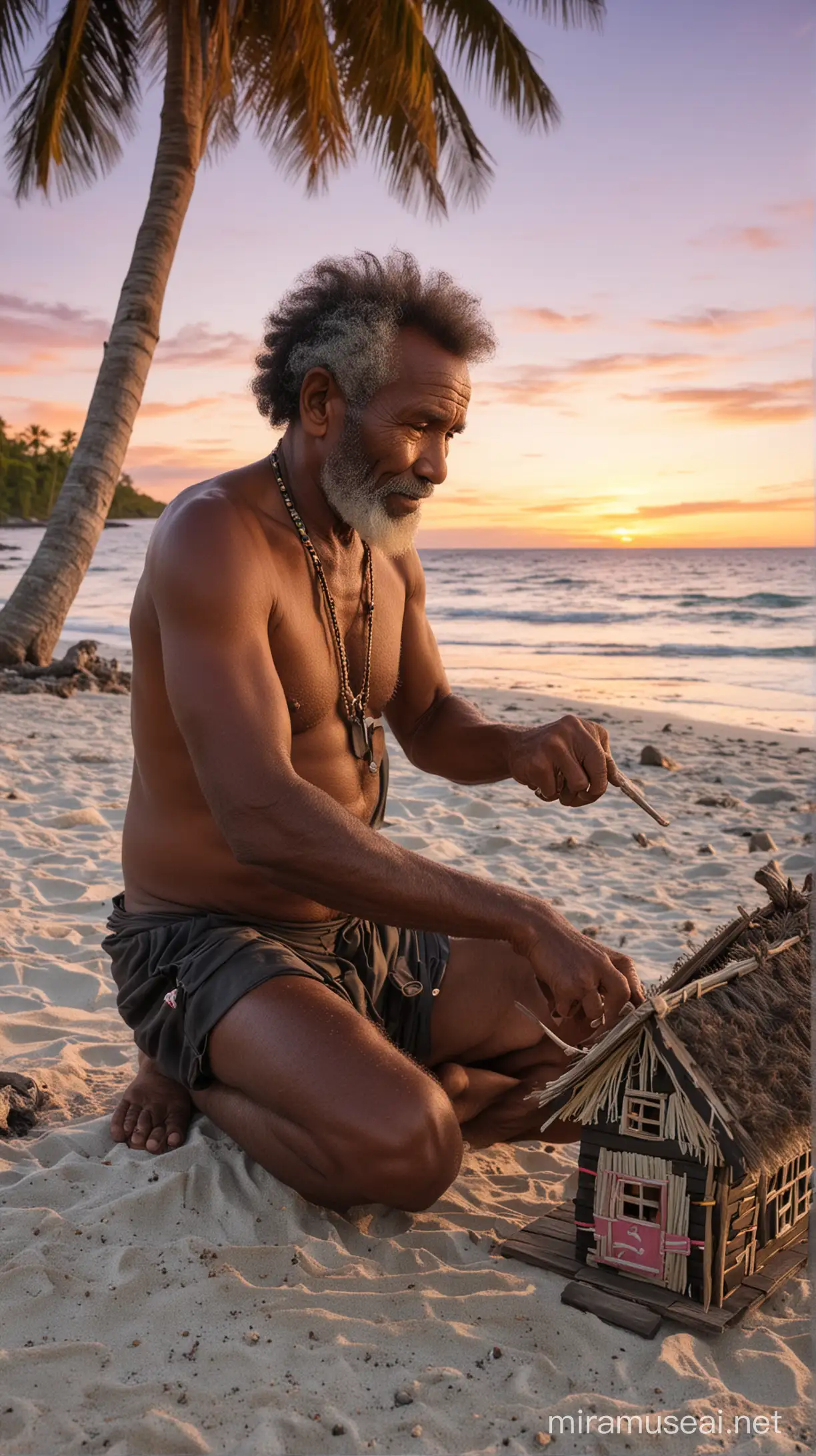 Seorang kakek papua, hitam berambut keriting sedang membuat mainan rumah - rumahan di pinggir pantai yang indah pada saat sunset