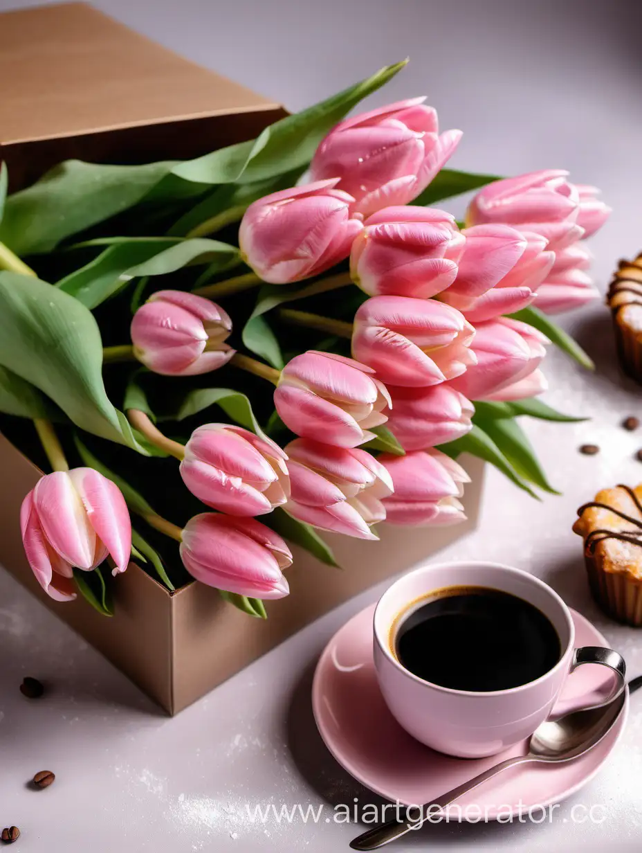 букет розовых тюльпанов, в красивой упаковке, лежит, чашка кофе, десерт