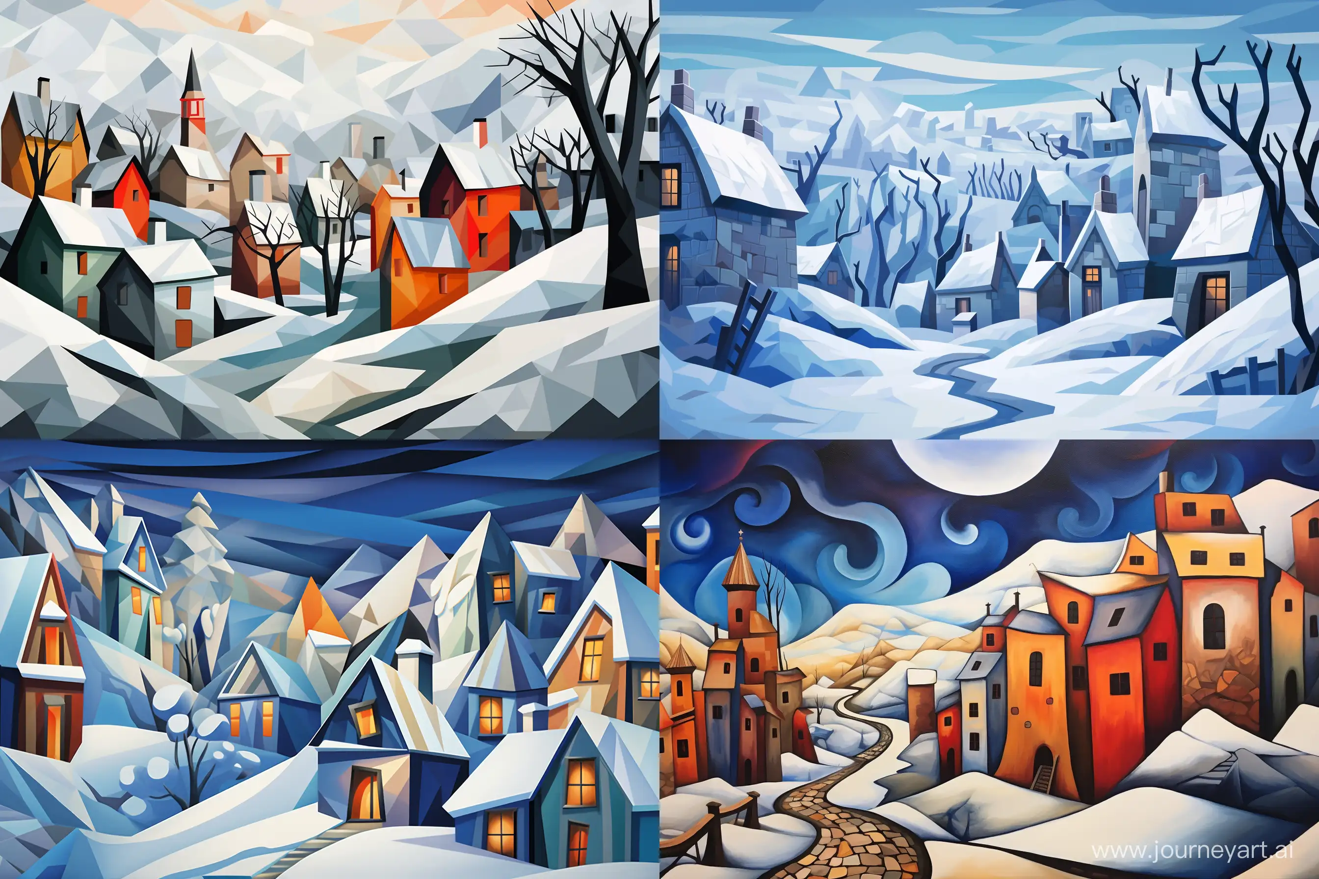 Snowy-Village-Cubism-Art-with-Dynamic-Perspectives