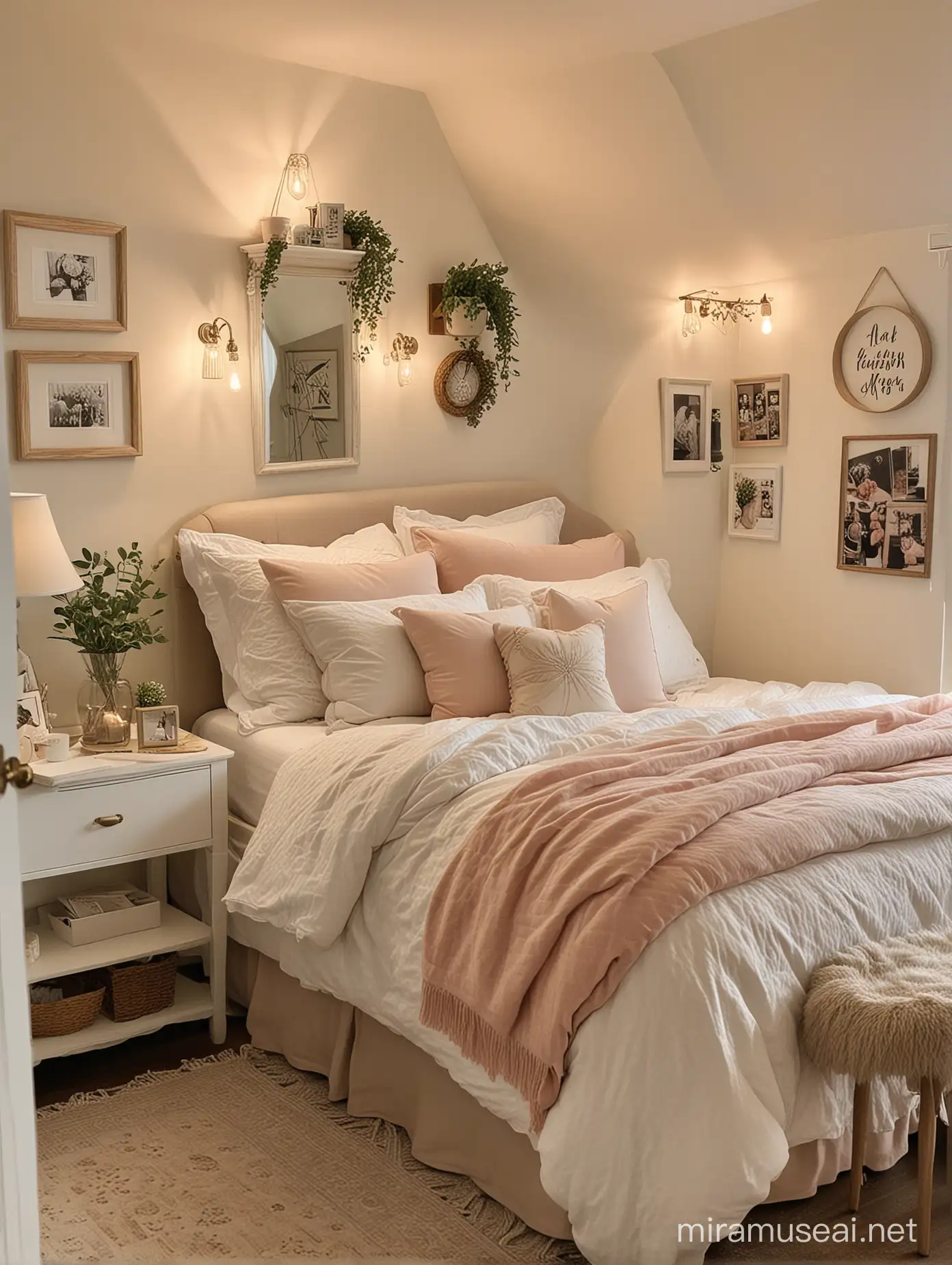 A charming solo bedroom haven exuding comfort and charm, with a cozy bed nook, soft lighting, and curated decor elements for a cozy and inviting atmosphere.