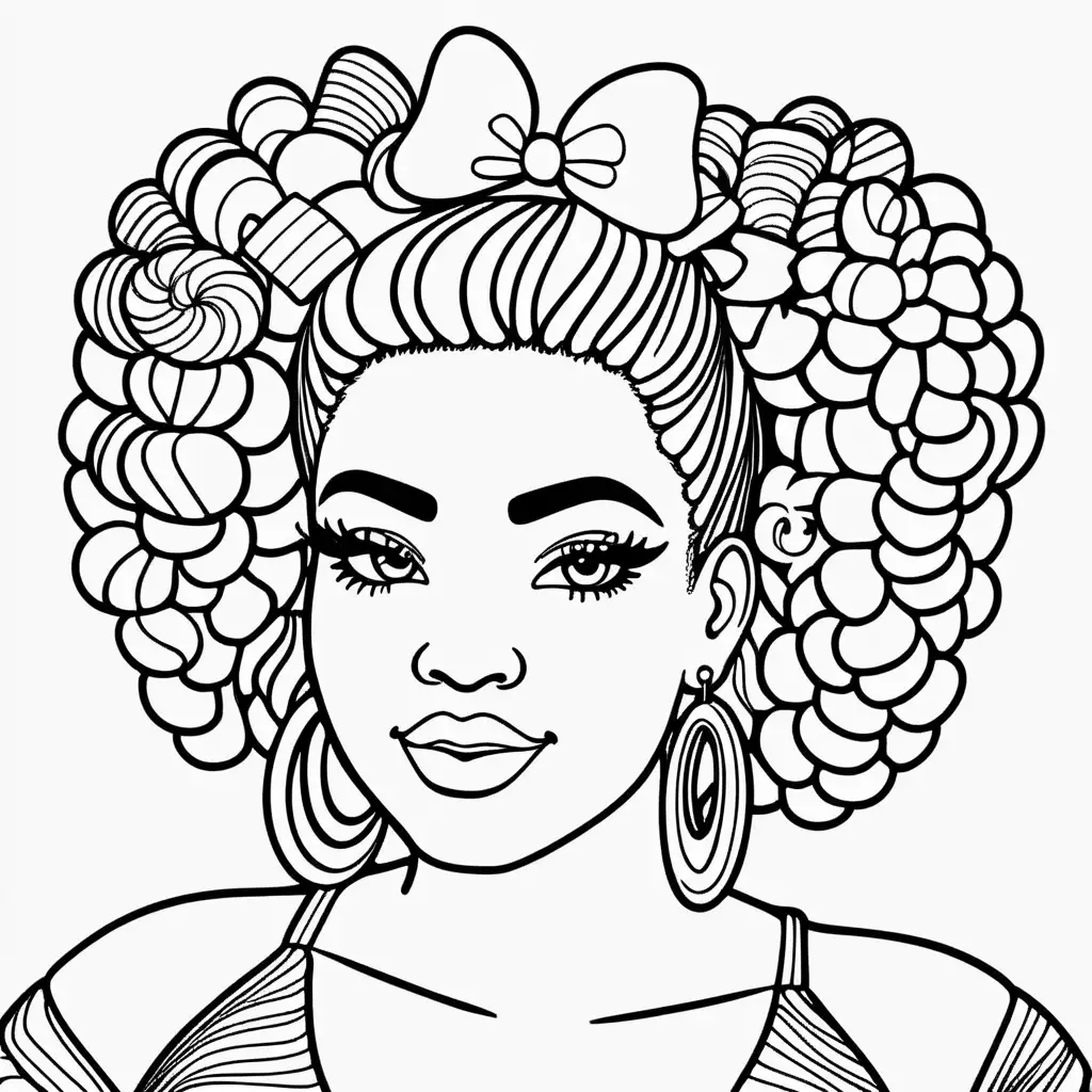 black and white line drawing of curvy plus size black woman with candy hair accessories, lisa frank style