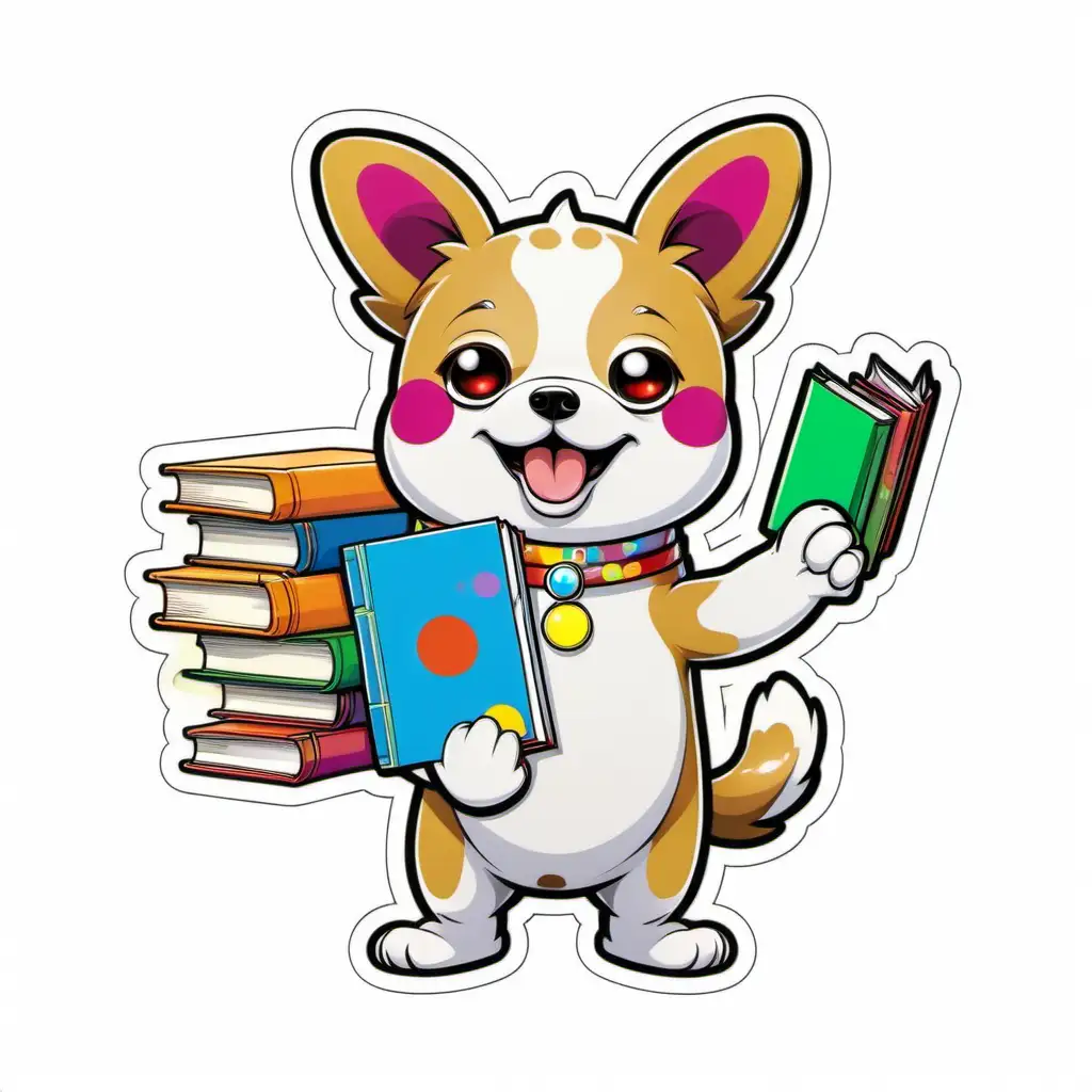 a cartoon character chiba dog  waving holds many books, vibrant color, like a sticker, white background, in the style of takashi murakami