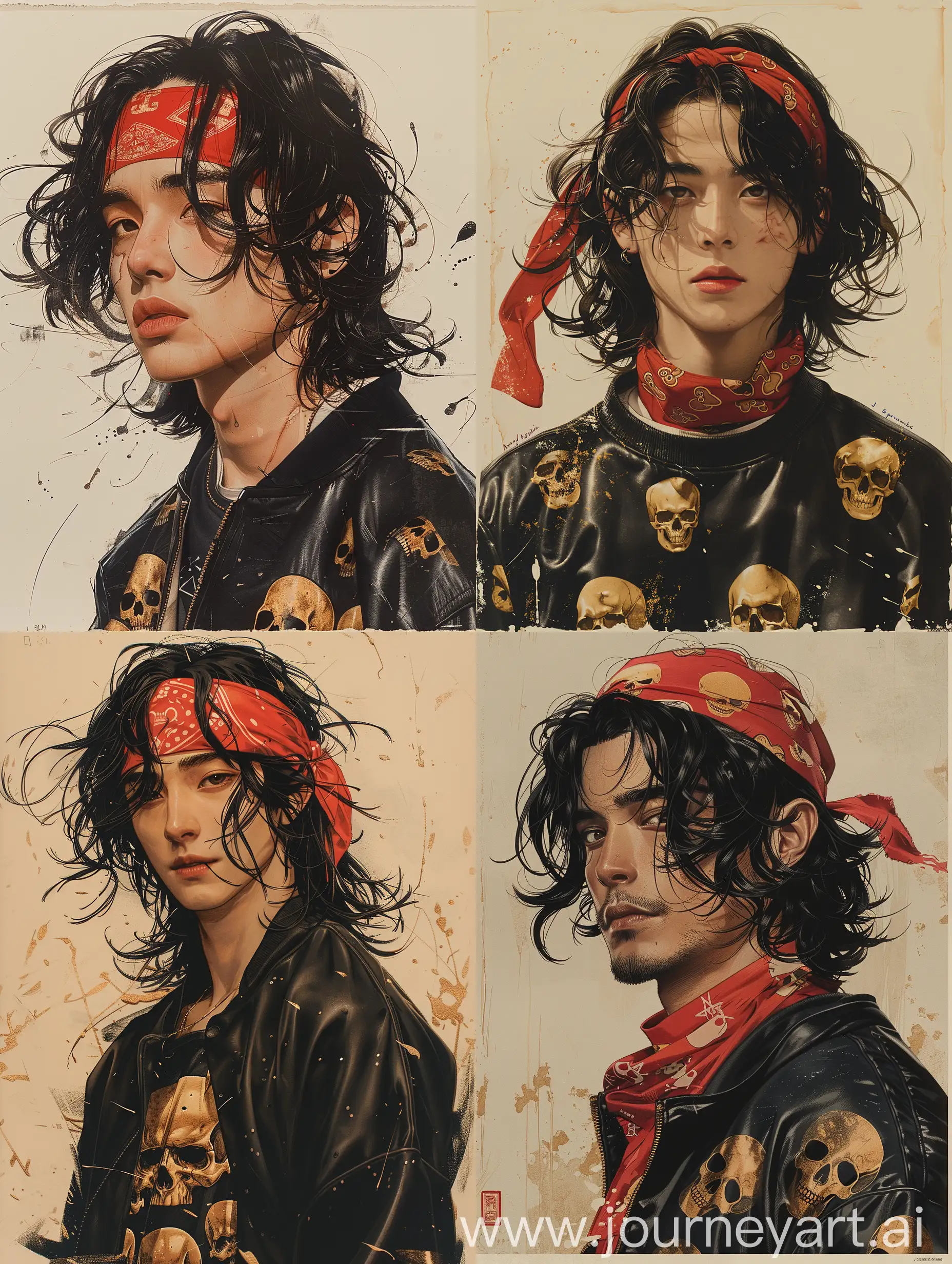 
A comic book illustration of the character Ryūnusuke, wearing a Kapital leather black sweatshirt full of golden skull print, an red bandana in head, and black wavy hair style with, in the style of Jim Lee and in the style of J Scott Campbell, detailed portrait with a flat background and a vintage color palette of muted, low contrast colors. --ar 3:4 --style raw --stylize 750 --ar 9:16 --v 6 --ar 1:1