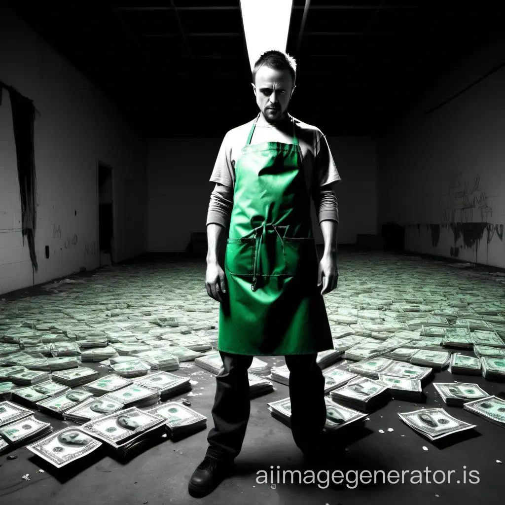 Depict Jesse Pinkman from Breaking Bad in sharp focus, standing in the center of an abandoned warehouse. He is dressed in his iconic green apron over casual clothes, with a defiant expression on his face. In his right hand, he holds a clear bag filled with his signature blue meth, crystals catching the light, and in his left, a fat pack of worn-out, non-sequential dollar bills suggesting recent illicit transactions. The black and white filter should enhance the texture of his clothing, the roughness of the warehouse walls, and the shadows cast by a single overhead light. Apply a pronounced fish-eye lens effect to warp the edges of the frame, creating a sense of warped reality that mirrors the show's themes of moral ambiguity and distortion of the American dream