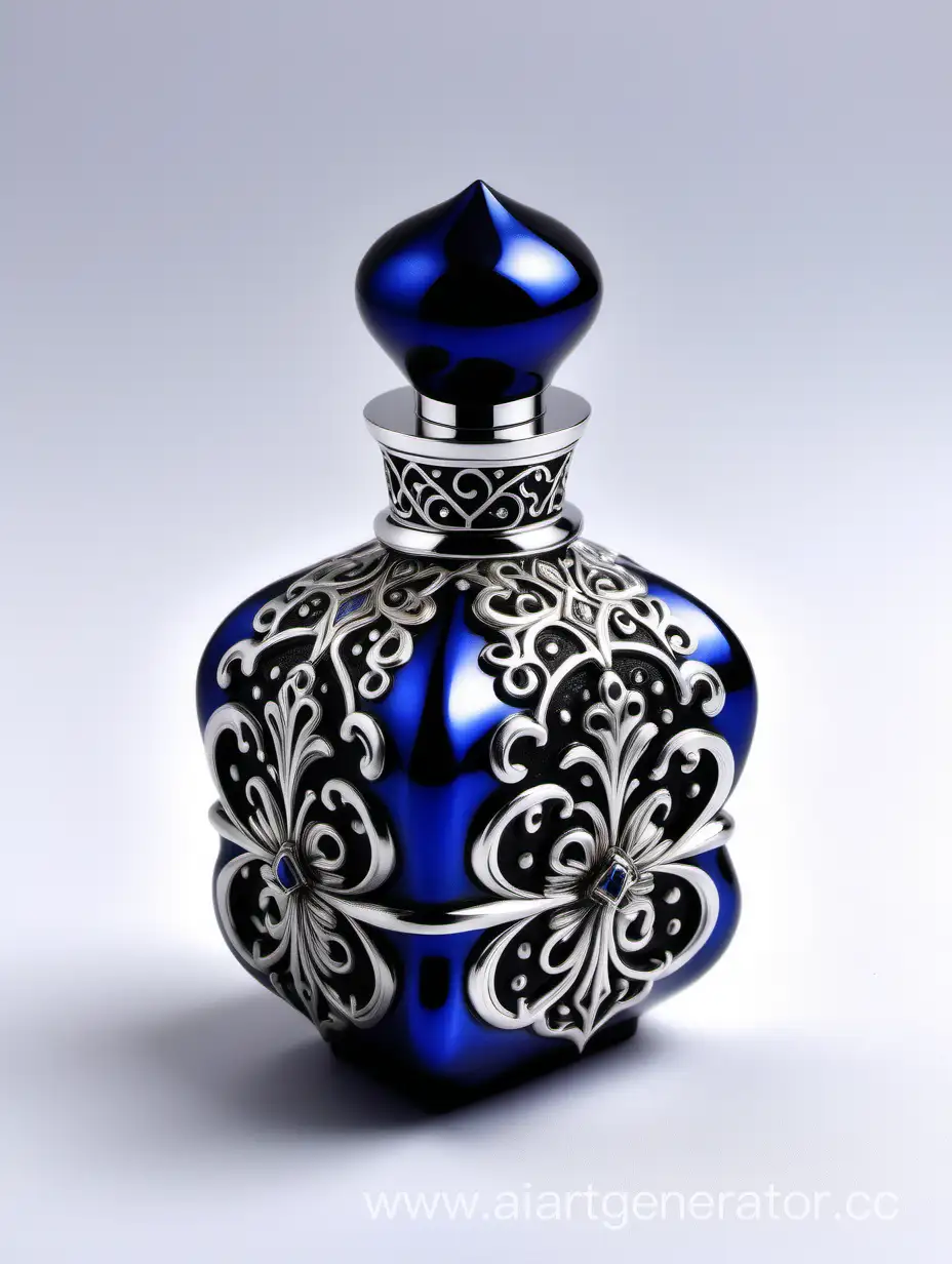 Incredibly detailed, elaborate, embellished potion bottle containing the elixir of life decorative ornamental Zamac Perfume cap, and bottle Dark blue, silver color with dark black square arabesque pattern shaped | metallizing finish