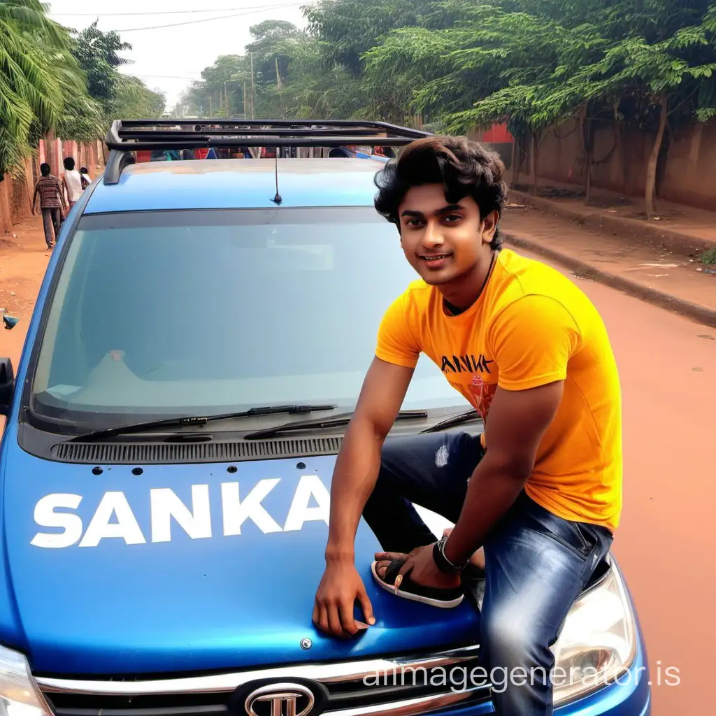 23 year old fit guy with curling hair sitting on "THAR" vehicle with the name 'SANKAR' on the bonet of the car
