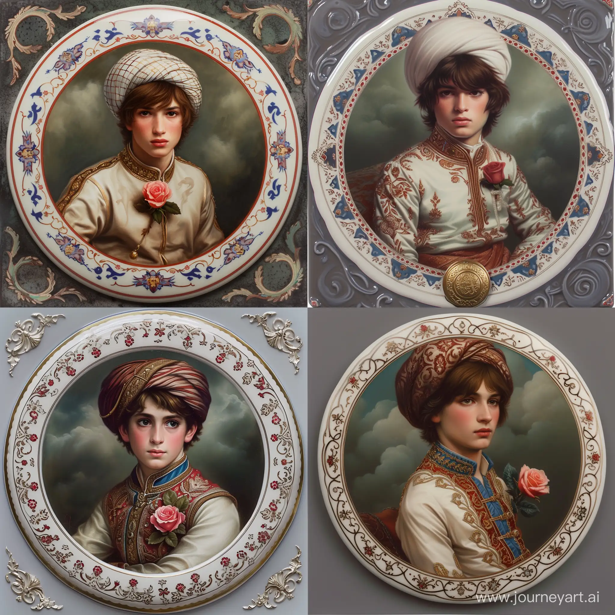 embedded on a round porcelain seal having white red blue carved persian floral arabesque embossed border with shiny gold ornaments, Medieval European portrait painting in style of Thomas Lawrence, depicting a young muslim prince with brown hairs, sitting and wearing full collar Arabian attire and Ottoman turban, rose flower on lapel, dark grey greenish cloudy background