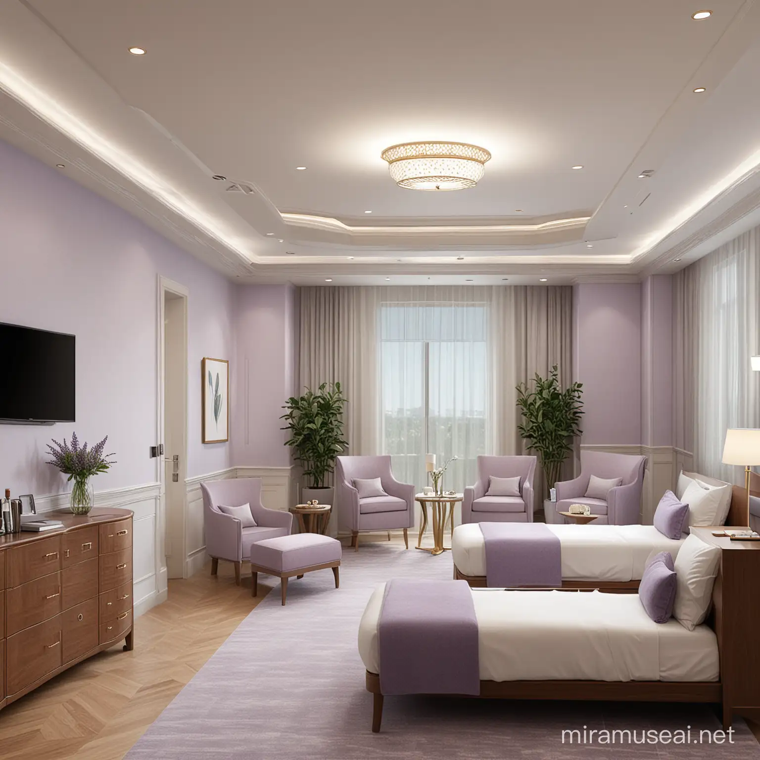 create a full interior view of private presidential suite room for a respiratory hospital ward inspired by lavender and eucalyptus 