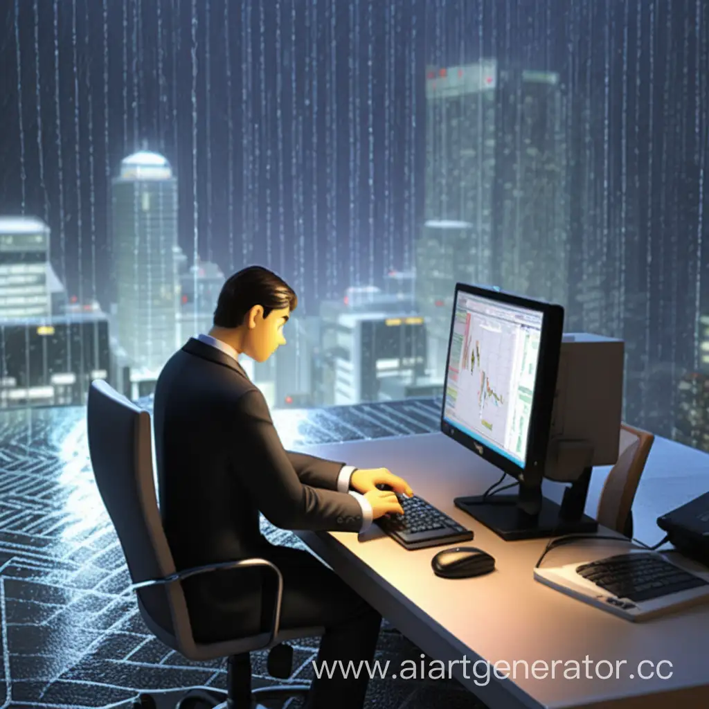 animation e-trader trading on a computer under rain