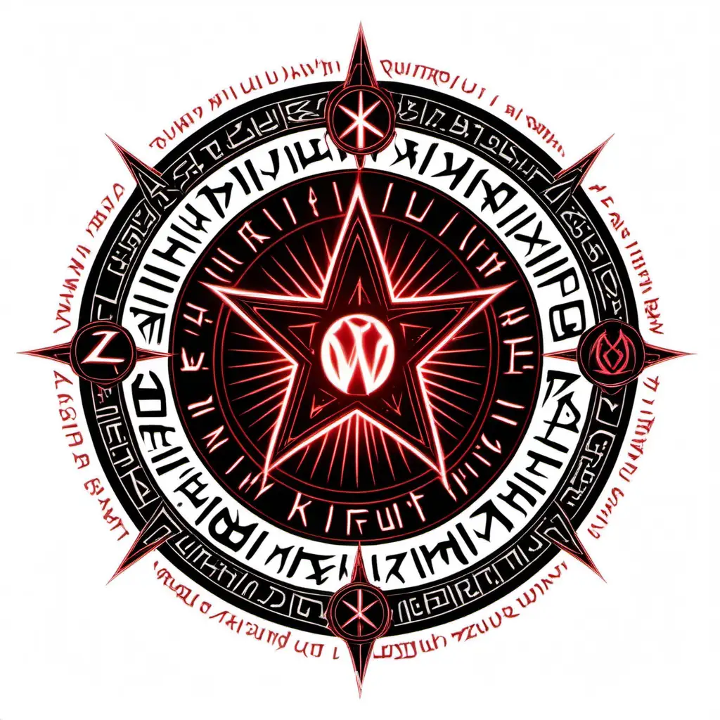Тëмный герб клана Walfurgis, красный светящийся круг, в центре огромная звезда с руническим алфавитом, 2D, не объебный, без фона