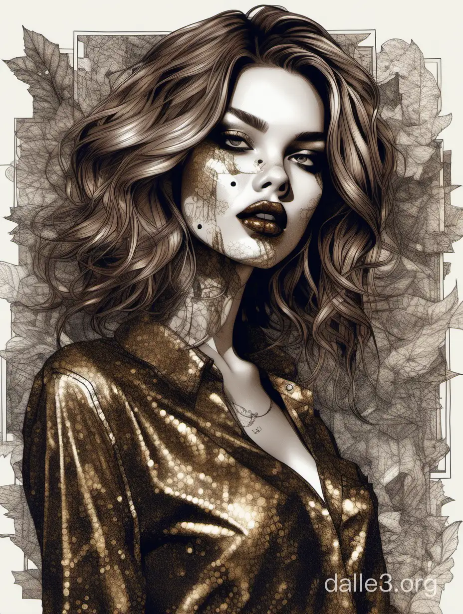 Fantasy: unrealistically beautiful girl scatters into pixels, grunge decorations, beautiful complex makeup, parted lips, charismatic look, fashionable pose, fine ink drawing, coal black, wine, gold, ocher, drawing of details, photorealism, hyperdetailed, many details, design, high fashion