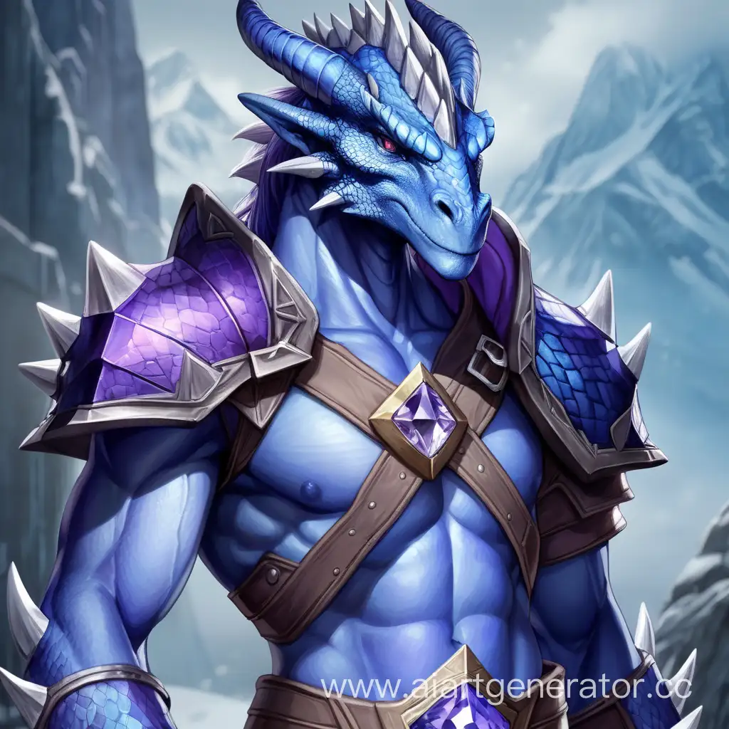 Высокий, добрый 
, красивый, стройный , средне-мускулистый, кристальный драконорождённый сине-фиолетового оттенка
