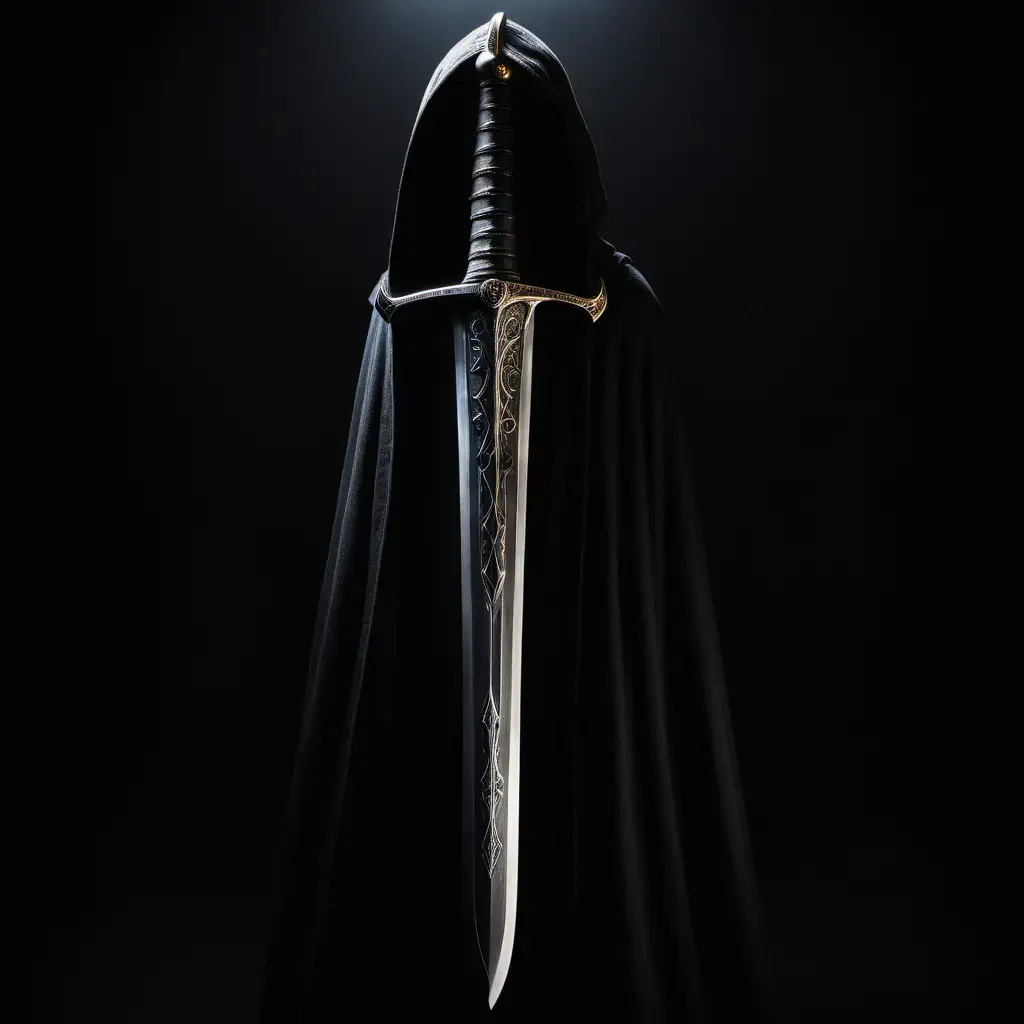 A broadsword with a dark cowl outlined behind it on a black background