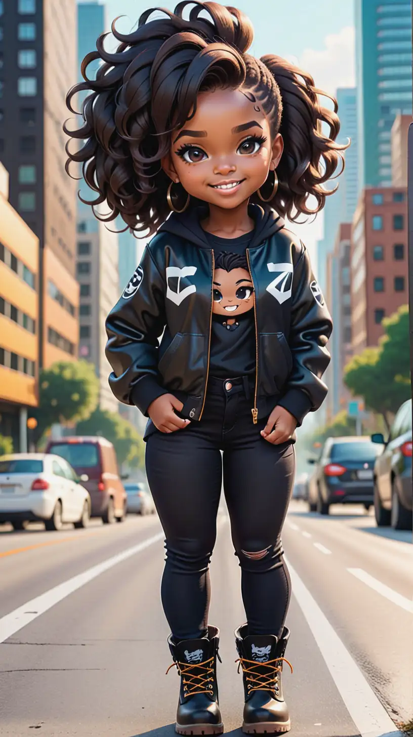 A sassy thick-lined abstract art style cartoon image of a black chibi girl standing in front of road l jersey with tight black jeans and timberland boots. behind her curvy body. Looking up coyly, she grins widely, showing sharp teeth. Her poofy hair forms a mane framing her confident, regal expression. Prominent makeup with hazel eyes. Hair is highly detailed.
