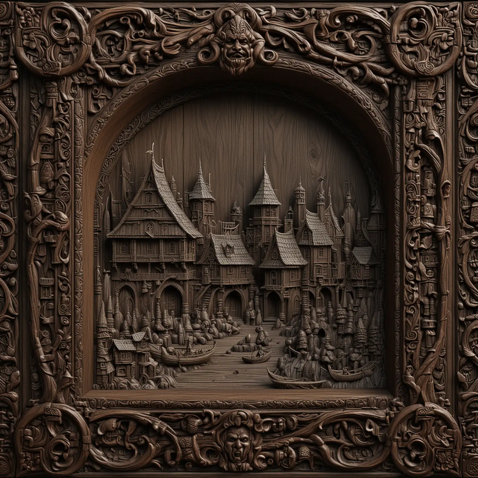 seamless AND TILEABLE 3D CARVED DARK WOOD, deeply CARVED WITH CARVED dark wood, ornate FRAME, FEATURING CARVED   viking village
