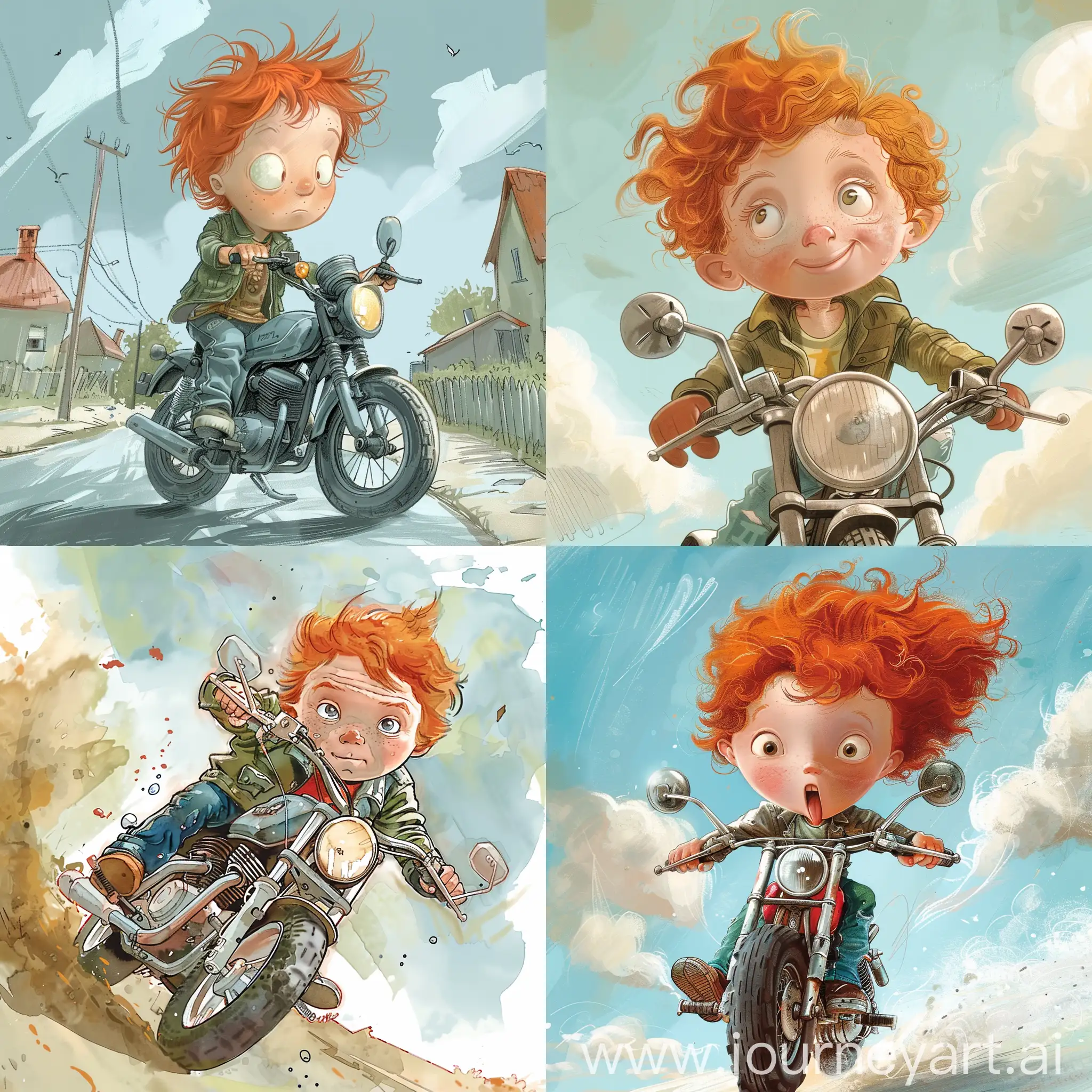 A 5 year old boy with red hair on a motorcycle, in a childrens book illustration style