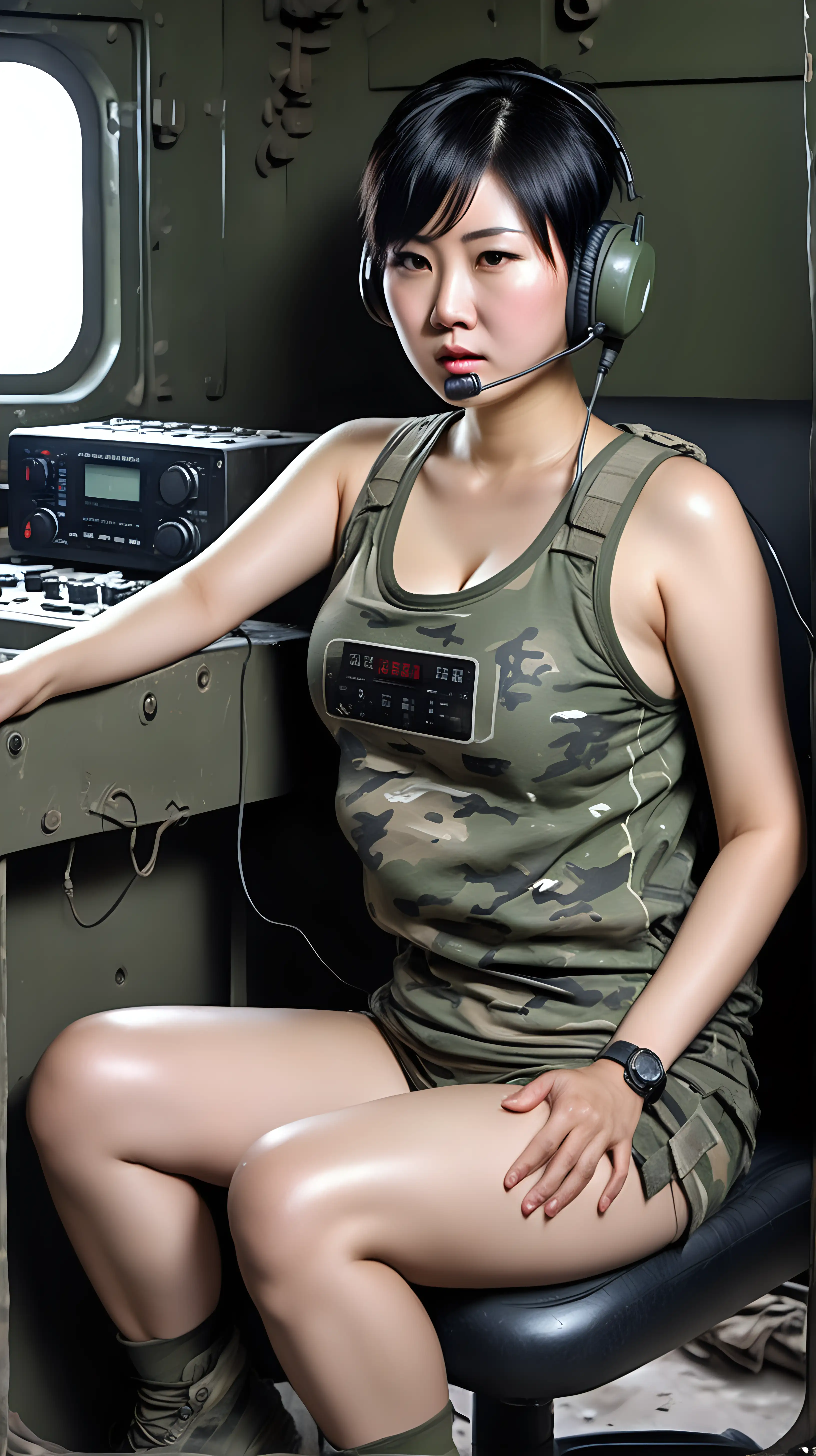 中国女兵
黑短发
huge boobs
camouflage undershirt
衣衫褴褛
满身汗水
坐着操作电台