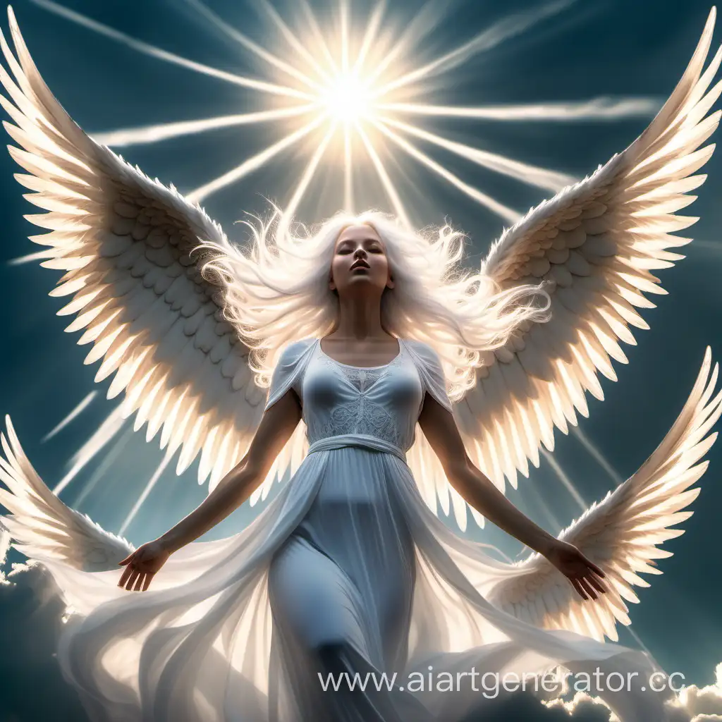 an seductive angel, three pairs of wings, long white hair, descending from the cloud filled sky with rays of light piercing the sky, cinematic, epic, dramatic ambient, calm, flowing, beautiful, intricate, highly detailed, complex, vibrant colors, sharp focus, elegant, very inspirational, innocent, fine detail, bright, clear, color, artistic, surreal, iconic