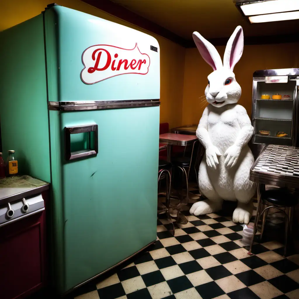 old refrigerator being looked at by giant rabbit in a diner