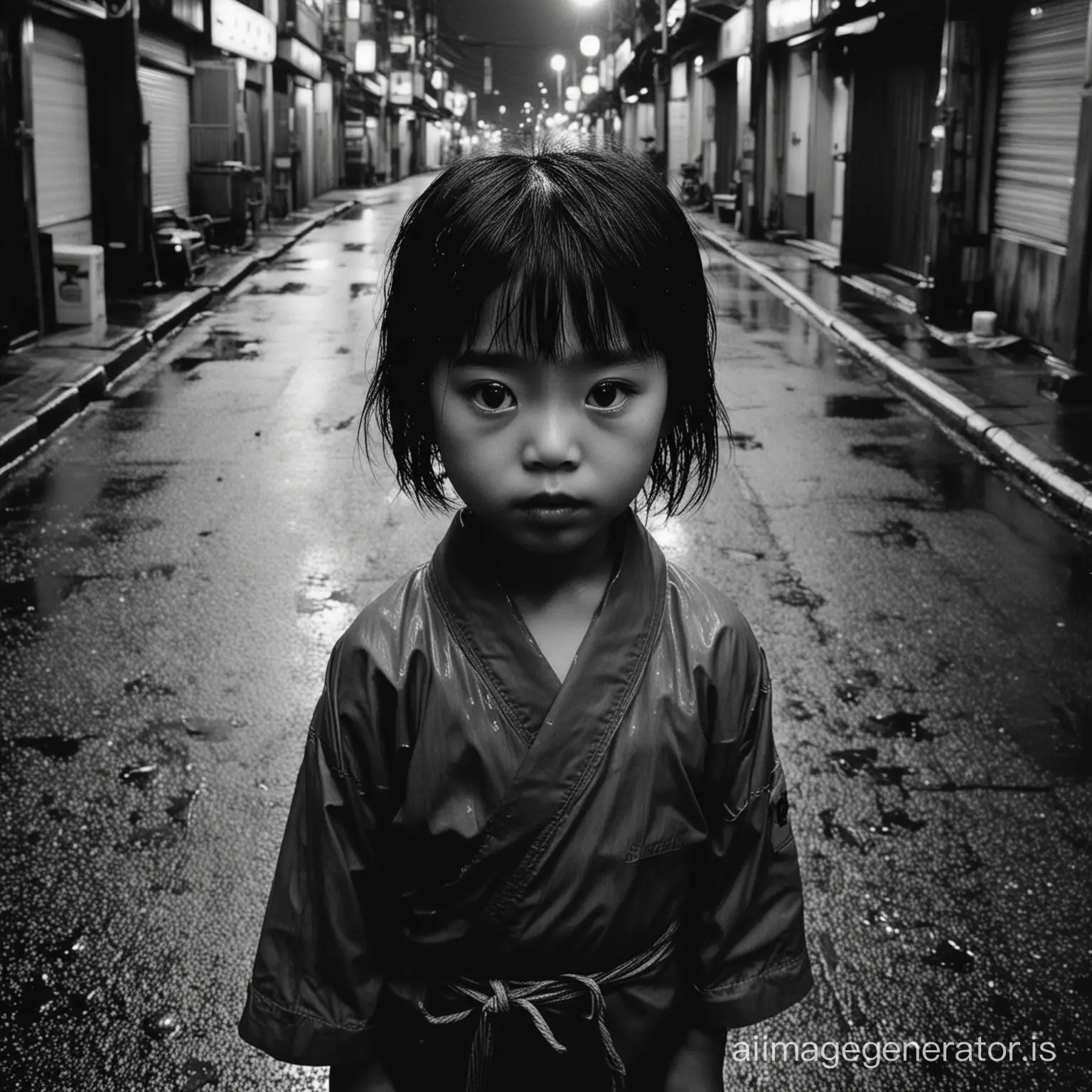Generate an AI-generated image capturing the poignant essence of Japanese photographer Daido Moriyama's style, focusing on a portrait of a melancholic Japanese child amidst the gloomy ambiance of a rainy day in a quiet Tokyo alley. Infuse the scene with Moriyama's signature gritty aesthetic, emphasizing low light, deep shadows, and a sense of solitude. Highlight the child's somber expression and the atmospheric mood of the rain-soaked urban setting to evoke the emotional depth characteristic of Moriyama's powerful imagery.