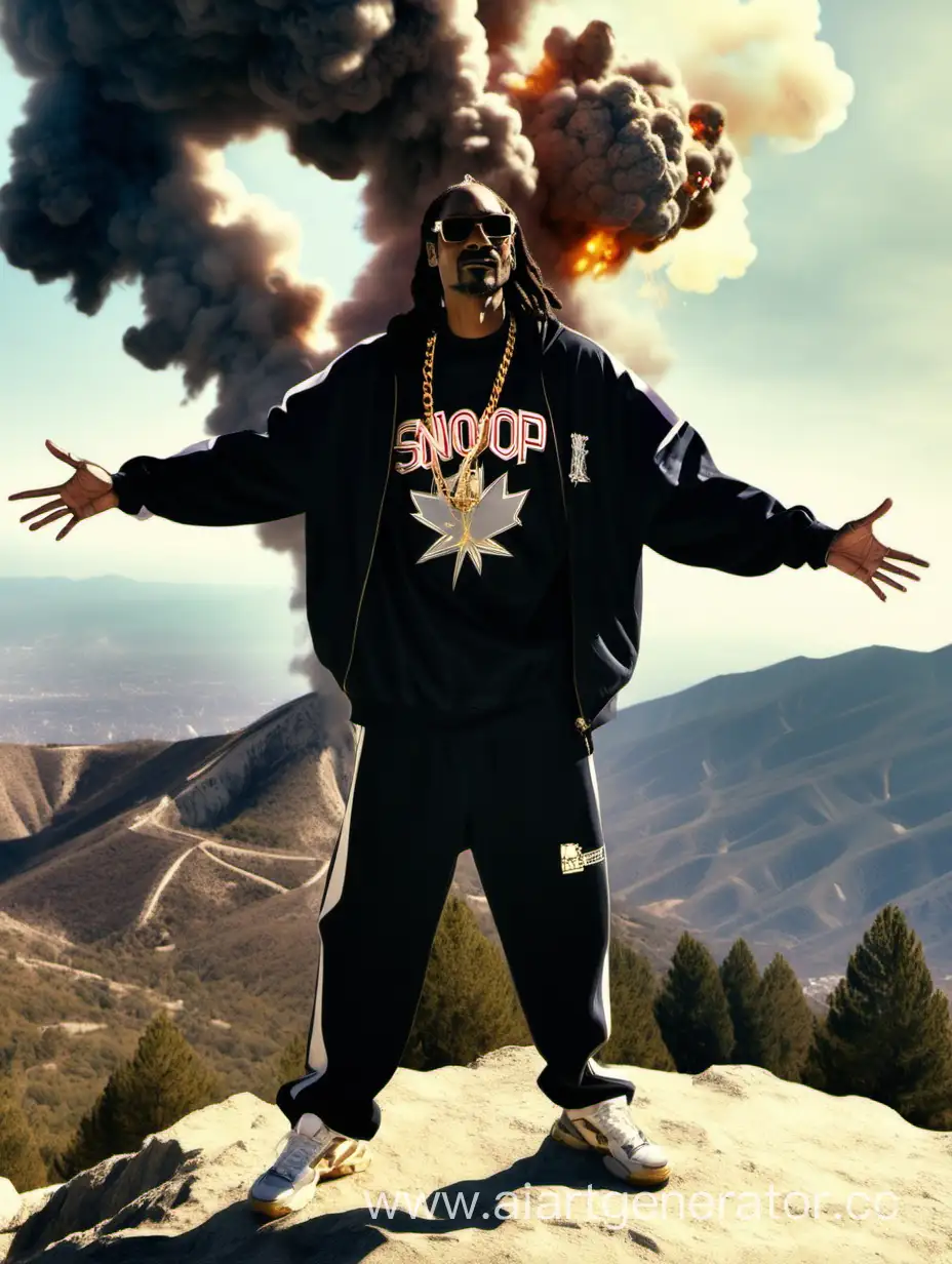 Snoop Dogg stands on top of a mountain. He spread his arms to the sides, and there was an explosion behind him