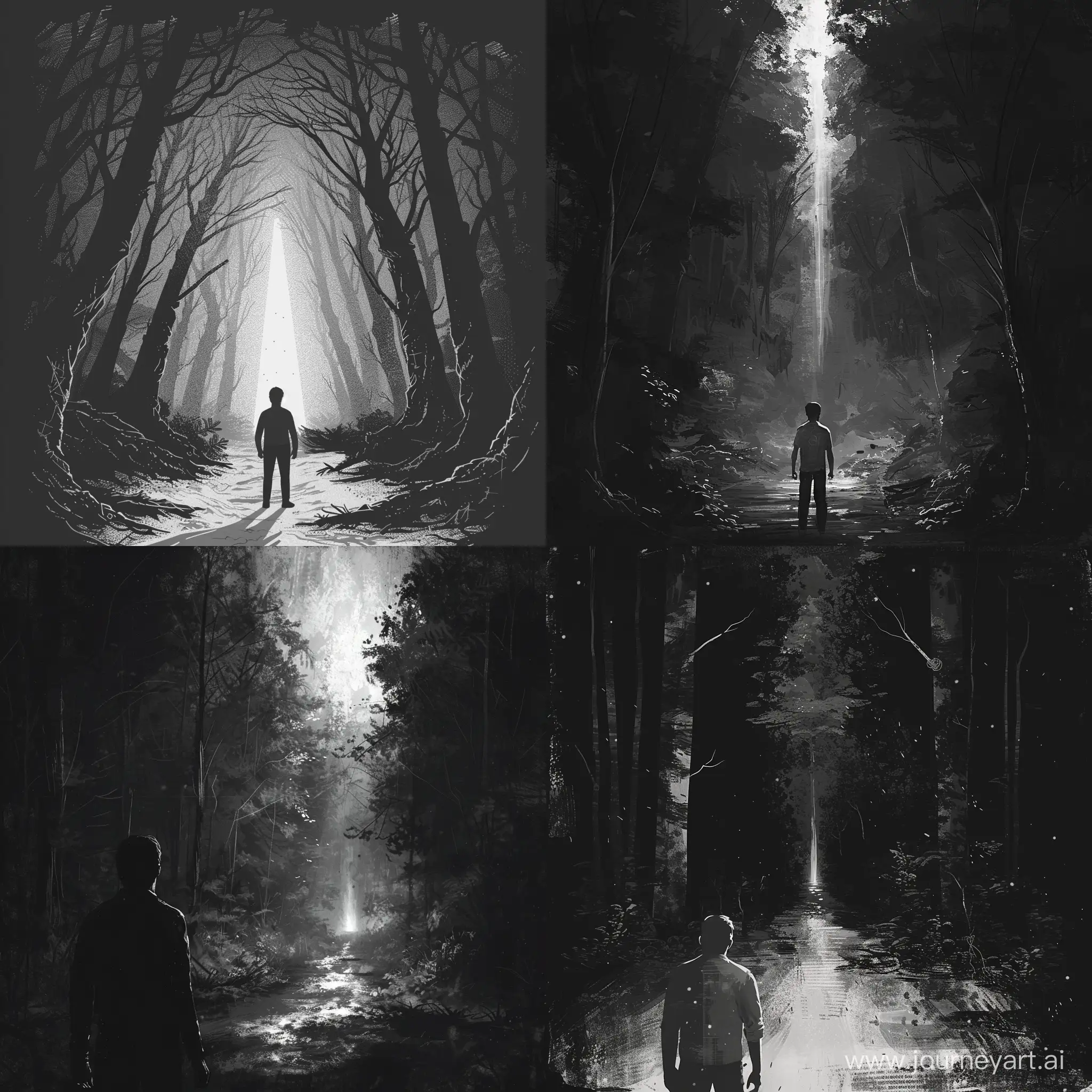 Create a black and white visual featuring a man standing in the middle of a forest, looking around. At the end of the path, there should be a faint beam of light. The atmosphere of the design should be dark and mysterious, captivating the viewers' attention.