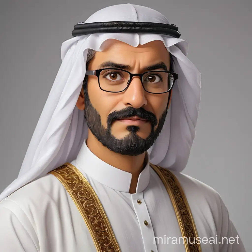 auditor, A mid-age financial auditor poses for a magazine shoot, The real image render style adds a touch of authenticity to the scene, making it a perfect blend of traditional and contemporary elements, The character wearing traditional saudi clothing, He has a neatly trimmed beard and mustache, as well as glasses, The man's facial expression suggests friendliness and openness, show a sense of wisdom and approachability