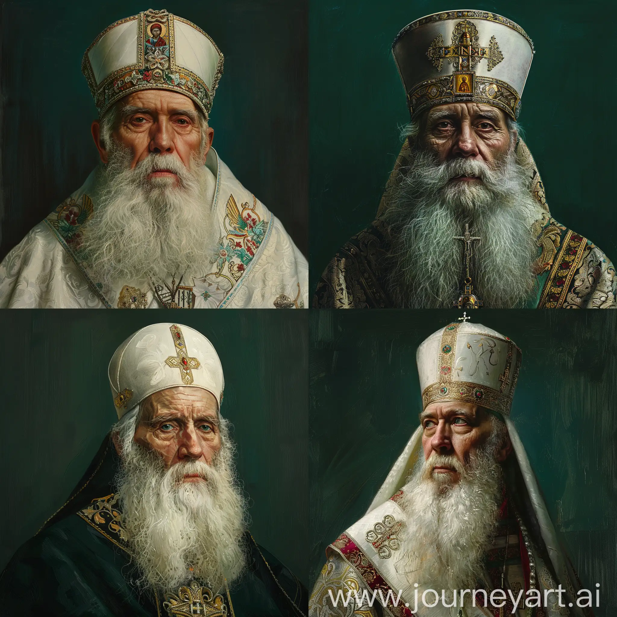 Portrait of patriarch Tikhon of the Russian Orthodox Church. The background is dark green.