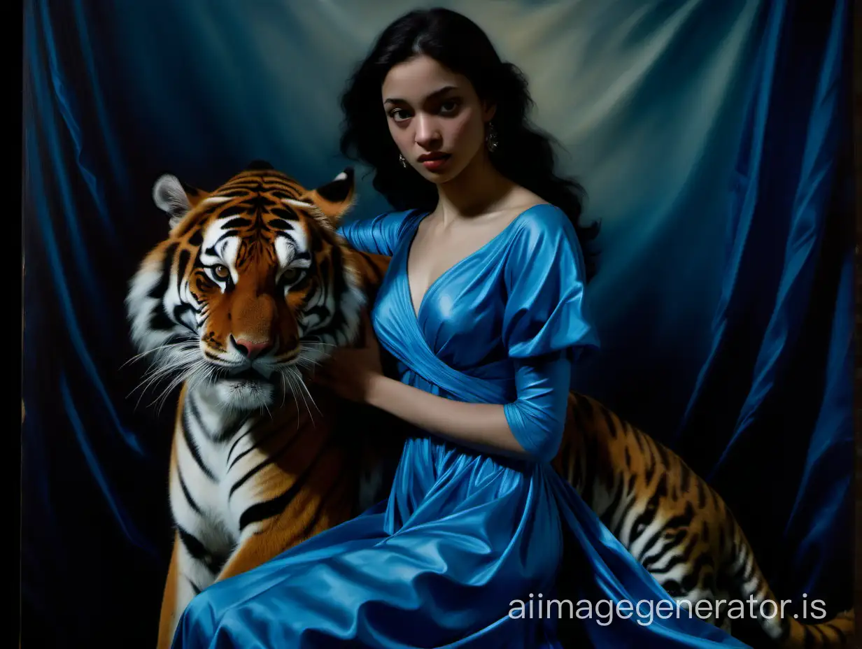 A portrait of ((Princess Jasmin blue dress and hugging Rajah, her tiger)), dramatic lighting, emotional intensity, tenebrism, soft edges, oil on canvas, romanticism, realism, chiaroscuro, by Annie Leibovitz