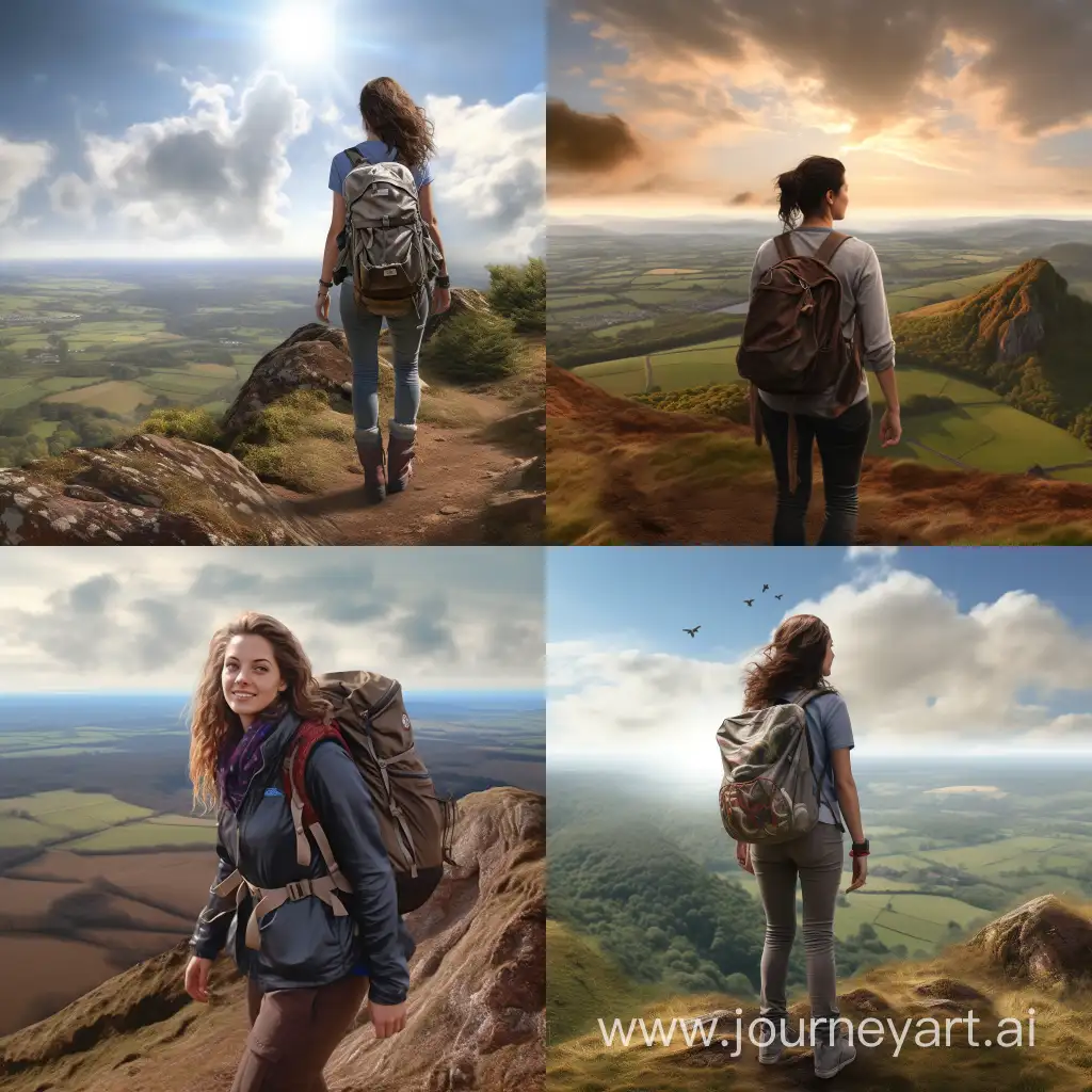 Create a photorealistic image of a female hiker on top of the Malvern Hills