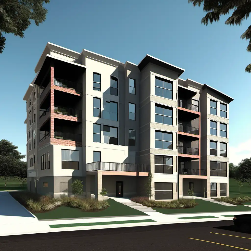 4 story 36 unit residential community cluster home building with roof top patio and sloped roof 
