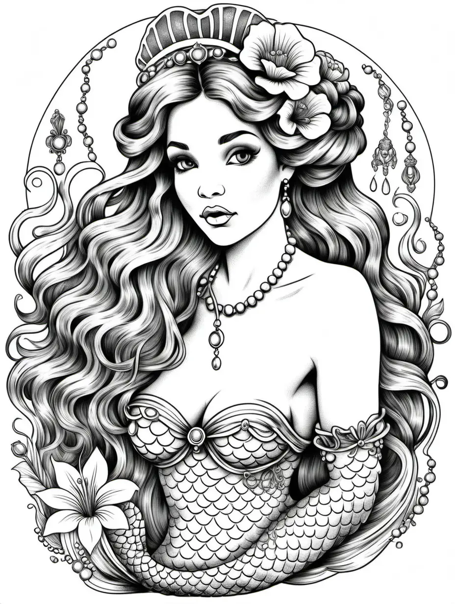 dibujo para colorear con fondo blanco y lineas negras de una sirena  estilo vintage con el pelo largo recogido con una flor rodeada de un cofre con joyas