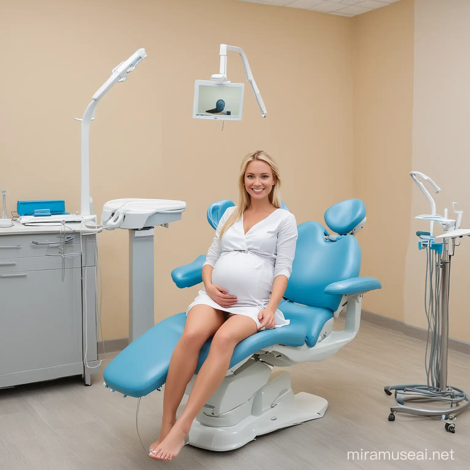 Pregnant Dentist with Blonde Hair Treating Patient in Blue Dental Chair